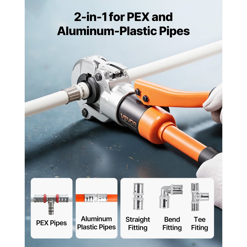VEVOR Alicates de Prensa Hidráulica de Tuberías, Herramienta de Prensado para Tubos de PEX y Aluminio-plástico con 4 Mordazas TH16, TH20, TH26, TH32, para Reparaciones, Instalaciones de Fontanería