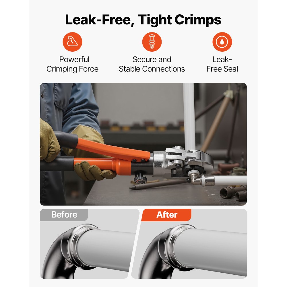 VEVOR Alicates de Prensa Hidráulica de Tuberías, Herramienta de Prensado para Tubos de PEX y Aluminio-plástico con 4 Mordazas TH16, TH20, TH26, TH32, para Reparaciones, Instalaciones de Fontanería