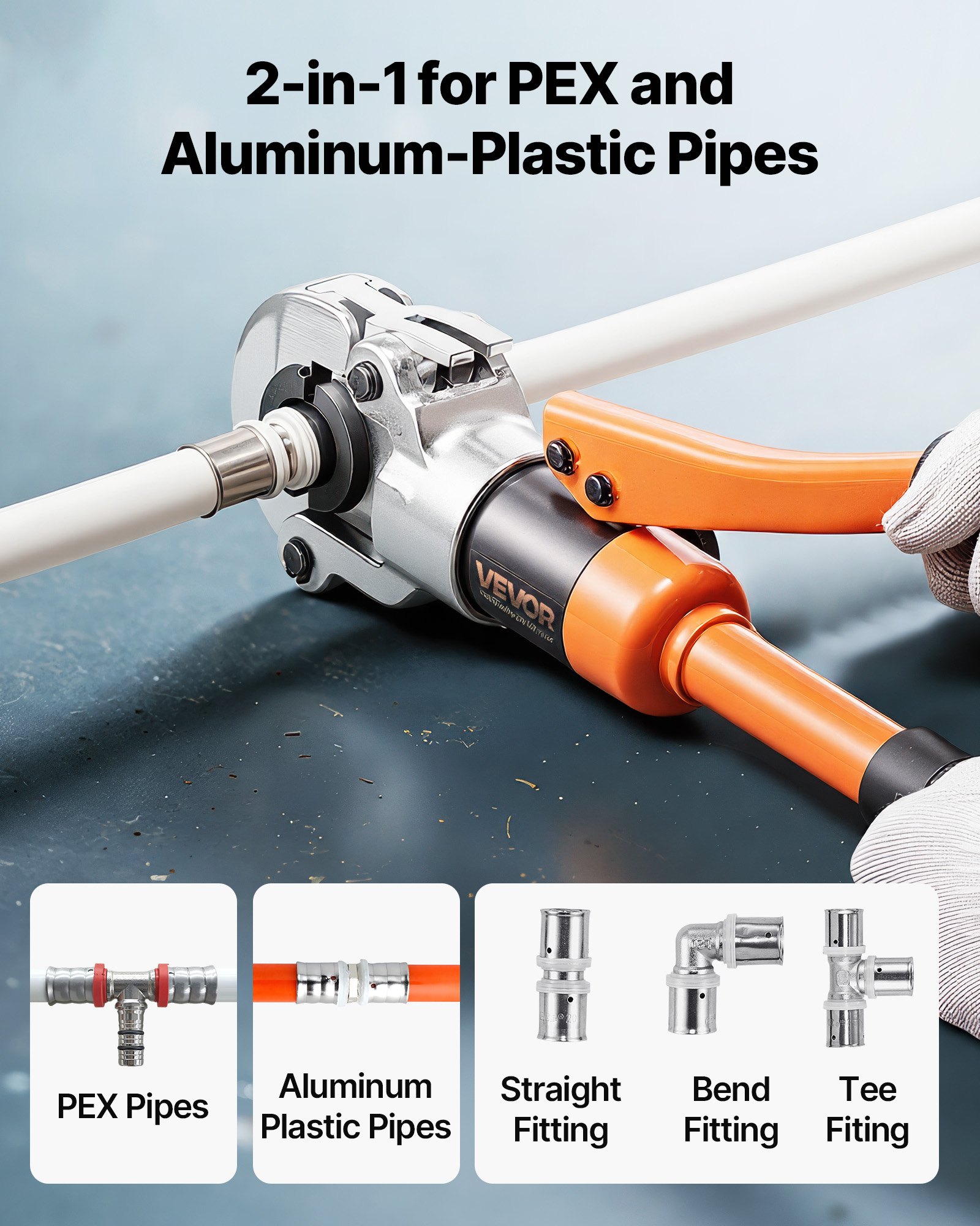 VEVOR Alicates de Prensa Hidráulica de Tuberías, Herramienta de Prensado para Tubos de PEX y Aluminio-plástico con 4 Mordazas TH16, TH20, TH26, TH32, para Reparaciones, Instalaciones de Fontanería