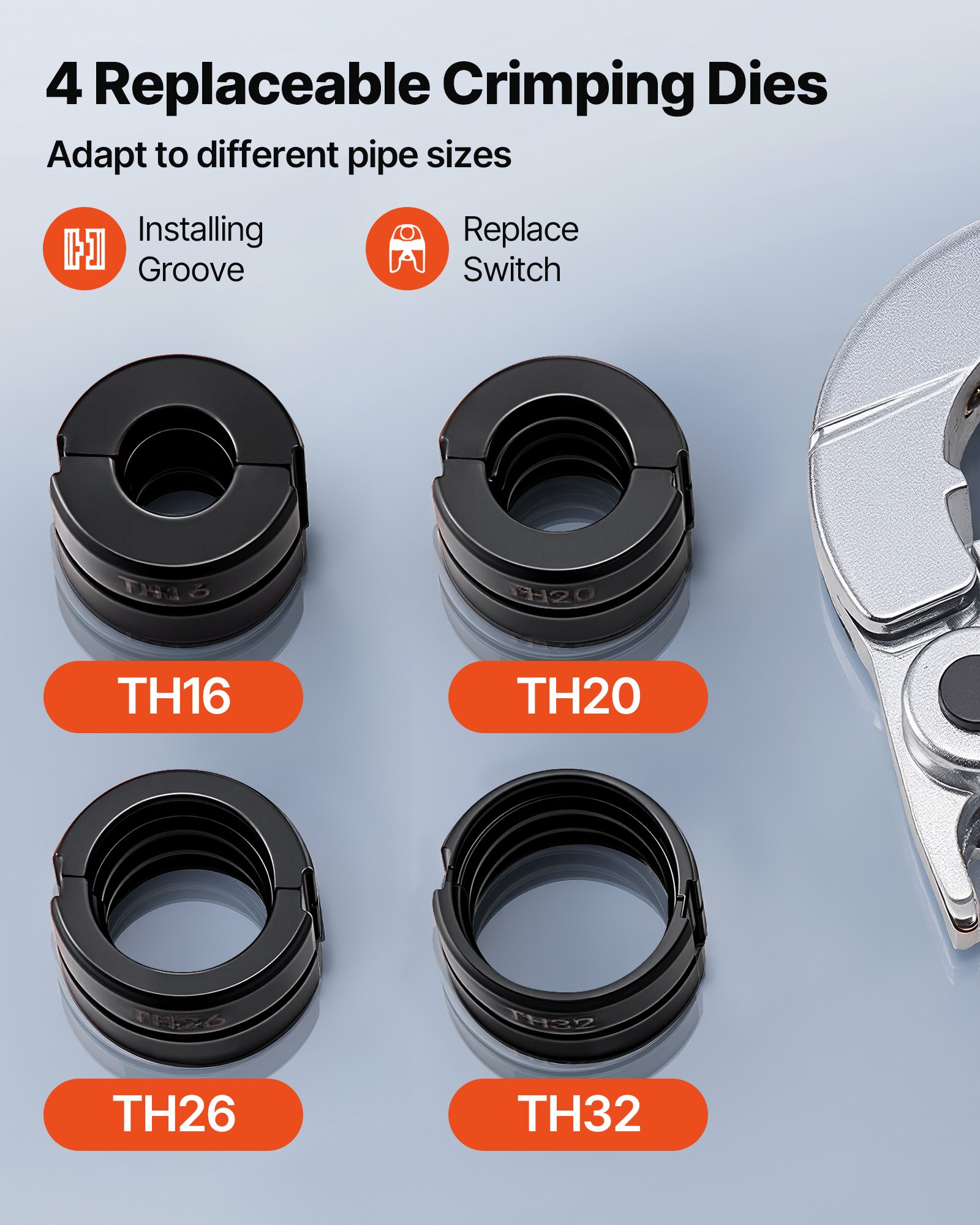VEVOR Alicates de Prensa Hidráulica de Tuberías, Herramienta de Prensado para Tubos de PEX y Aluminio-plástico con 4 Mordazas TH16, TH20, TH26, TH32, para Reparaciones, Instalaciones de Fontanería