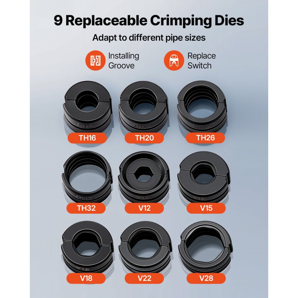 VEVOR Alicates de Prensa Hidráulica para Tuberías, con 4 Mordazas TH16 TH20 TH26 TH32 para Tubos de PEX y Aluminio-Plástico, 5 Mordazas V12 V15 V18 V22 V28 para Tubos de Acero Inoxidable, con Estuche