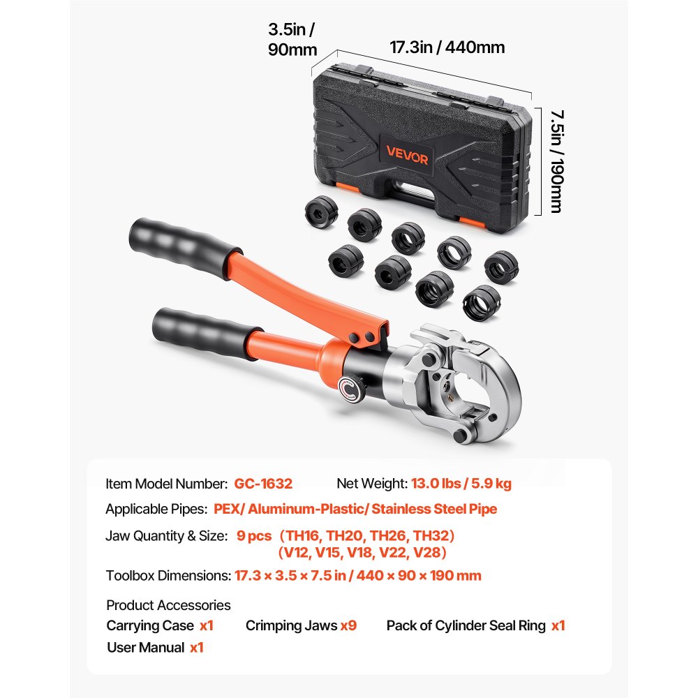 VEVOR Alicates de Prensa Hidráulica para Tuberías, con 4 Mordazas TH16 TH20 TH26 TH32 para Tubos de PEX y Aluminio-Plástico, 5 Mordazas V12 V15 V18 V22 V28 para Tubos de Acero Inoxidable, con Estuche