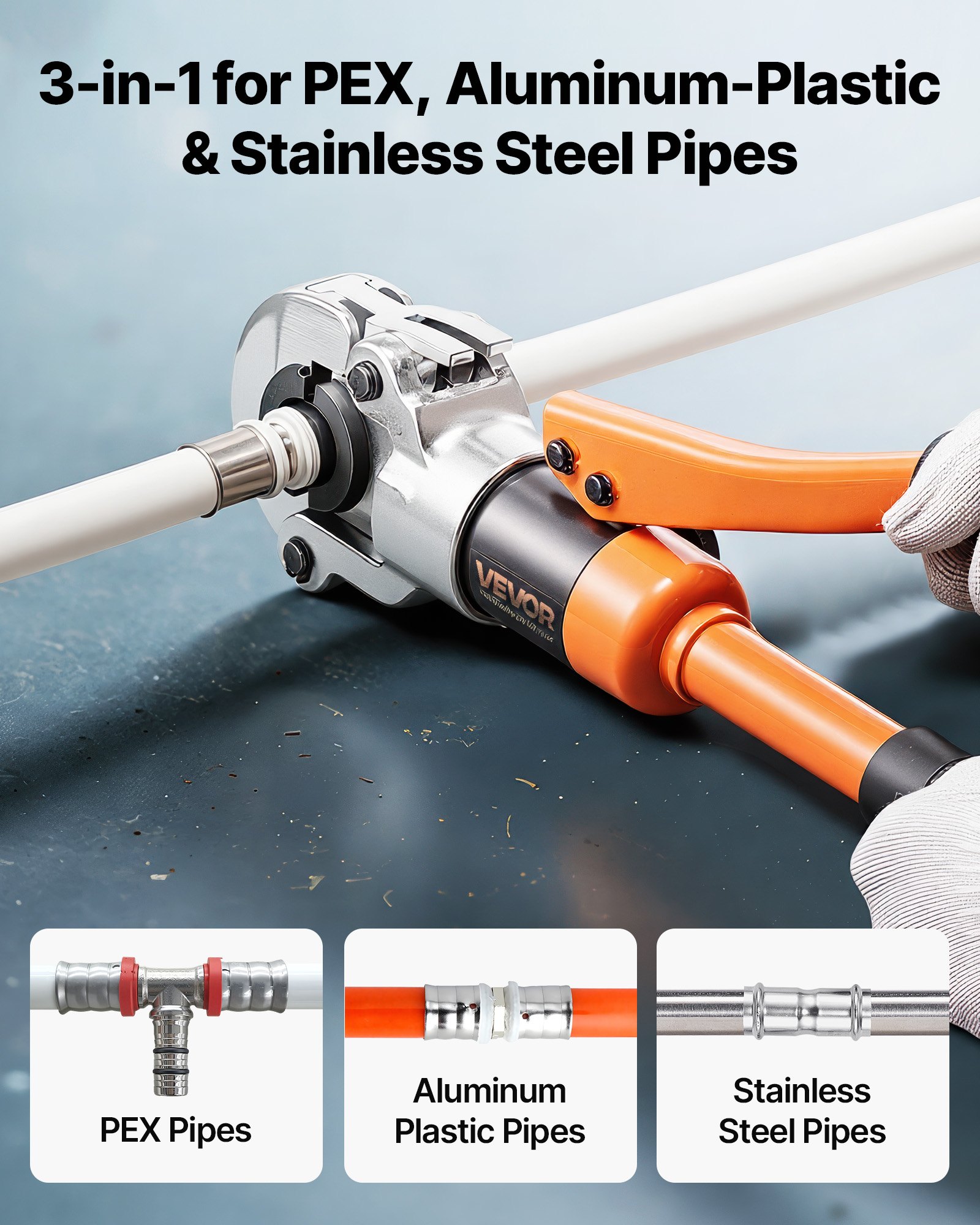 VEVOR Alicates de Prensa Hidráulica para Tuberías, con 4 Mordazas TH16 TH20 TH26 TH32 para Tubos de PEX y Aluminio-Plástico, 5 Mordazas V12 V15 V18 V22 V28 para Tubos de Acero Inoxidable, con Estuche