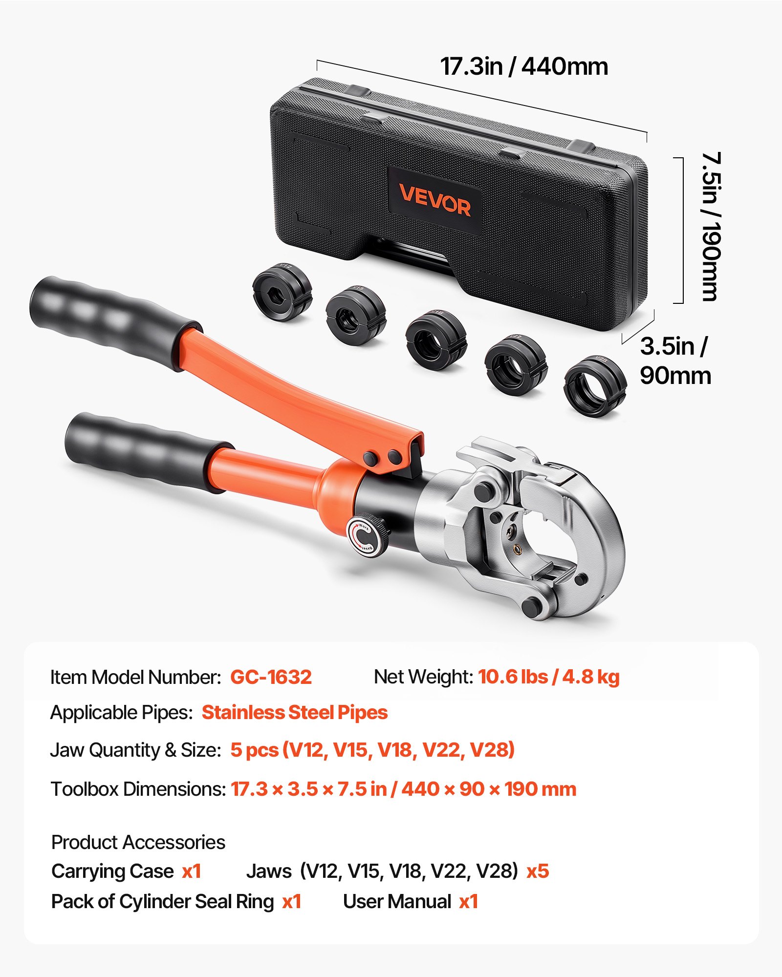 VEVOR Alicates de Prensa Hidráulica para Tuberías, Herramienta de Prensado de Tubos con 5 Mordazas V12, V15, V18, V22, V28 y Estuche de Transporte, para Reparaciones, Instalaciones de Fontanería