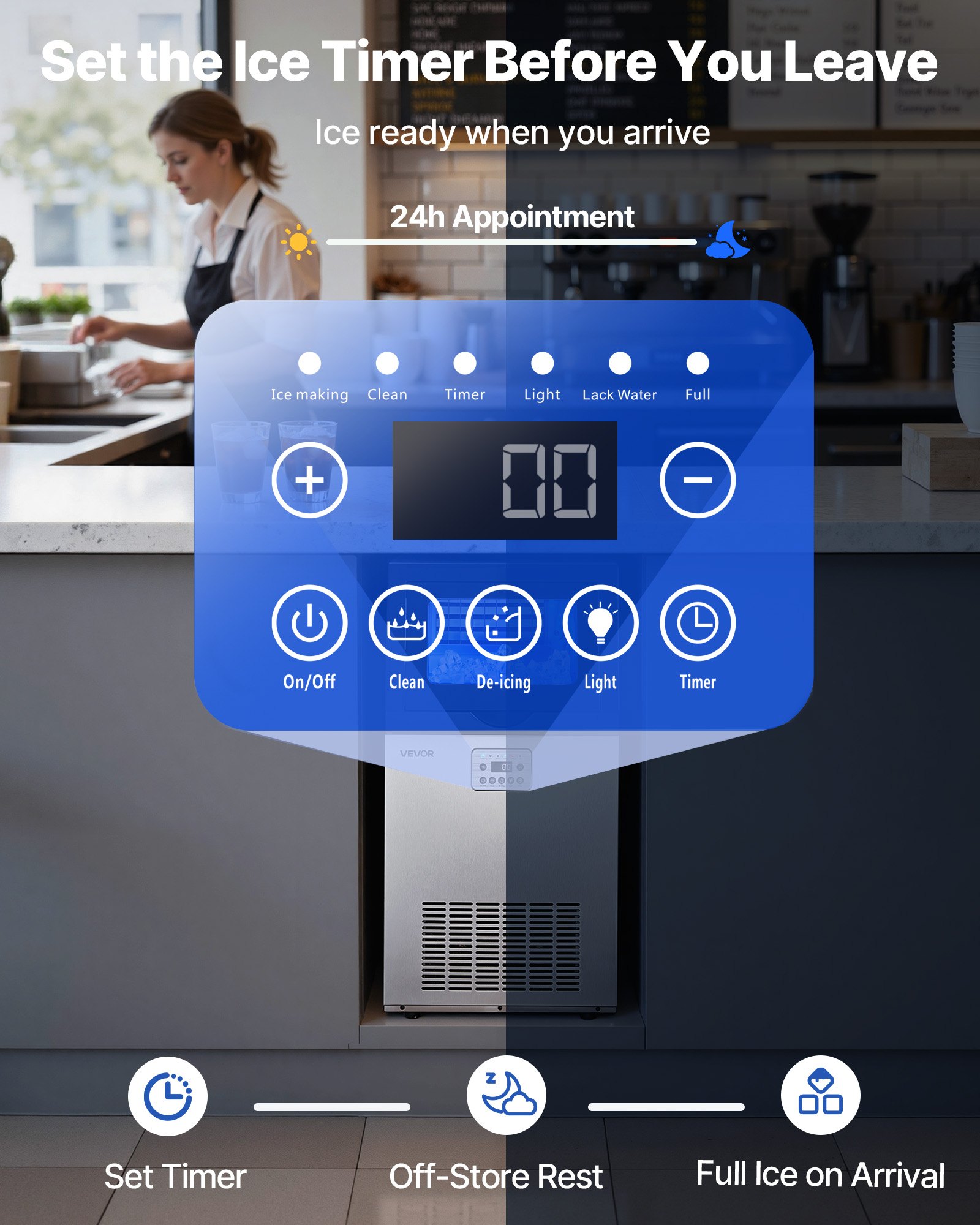 VEVOR Máquina para Fabricar Hielo 45 kg/24 h Almacenamiento de 7,3-13,3 kg, 36 Cubitos por Ciclo, de Acero Inoxidable, Independiente y Bajo Encimera, con Pantalla LED y Autolimpieza, para Restaurante
