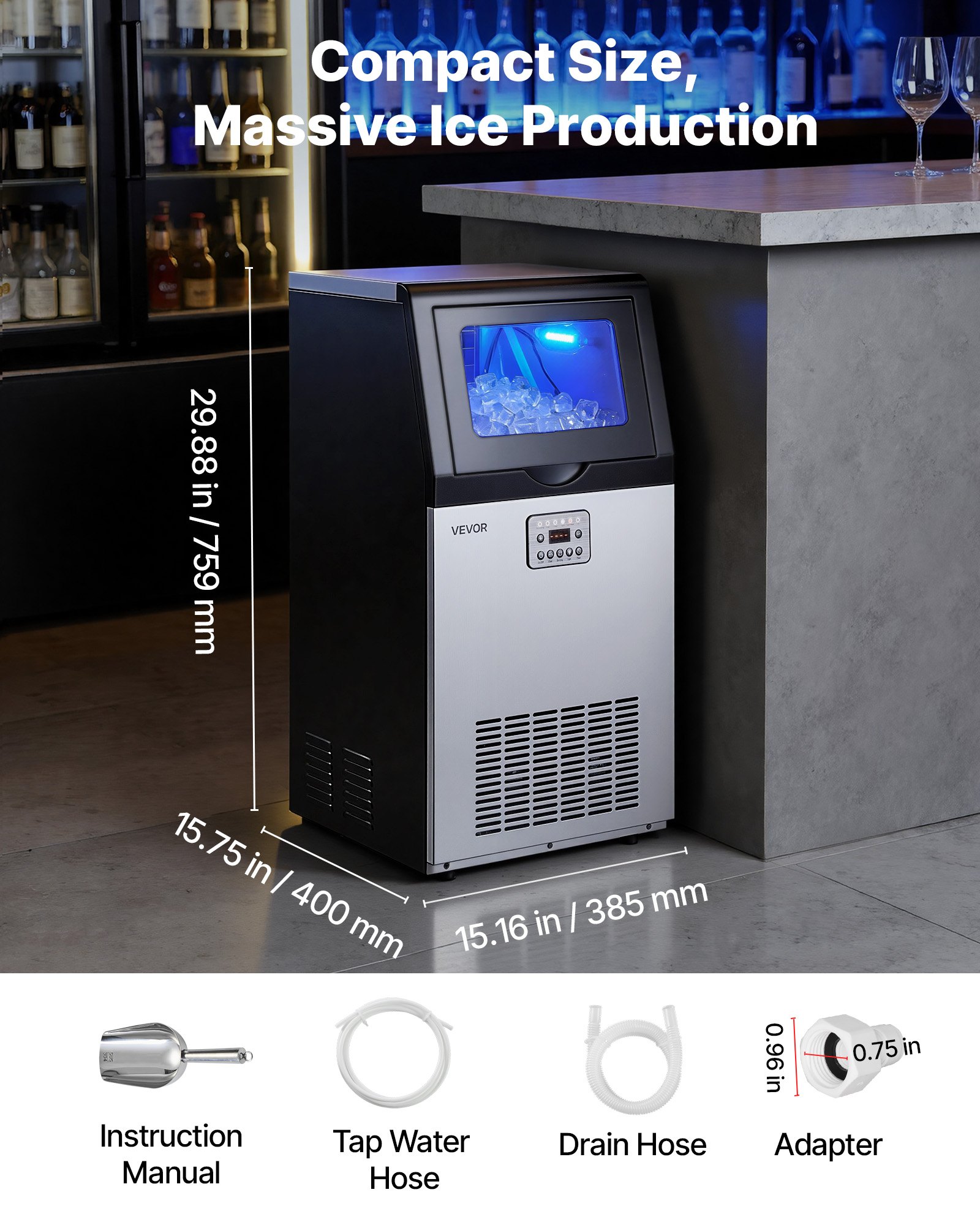 VEVOR Máquina para Fabricar Hielo 45 kg/24 h Almacenamiento de 7,3-13,3 kg, 36 Cubitos por Ciclo, de Acero Inoxidable, Independiente y Bajo Encimera, con Pantalla LED y Autolimpieza, para Restaurante