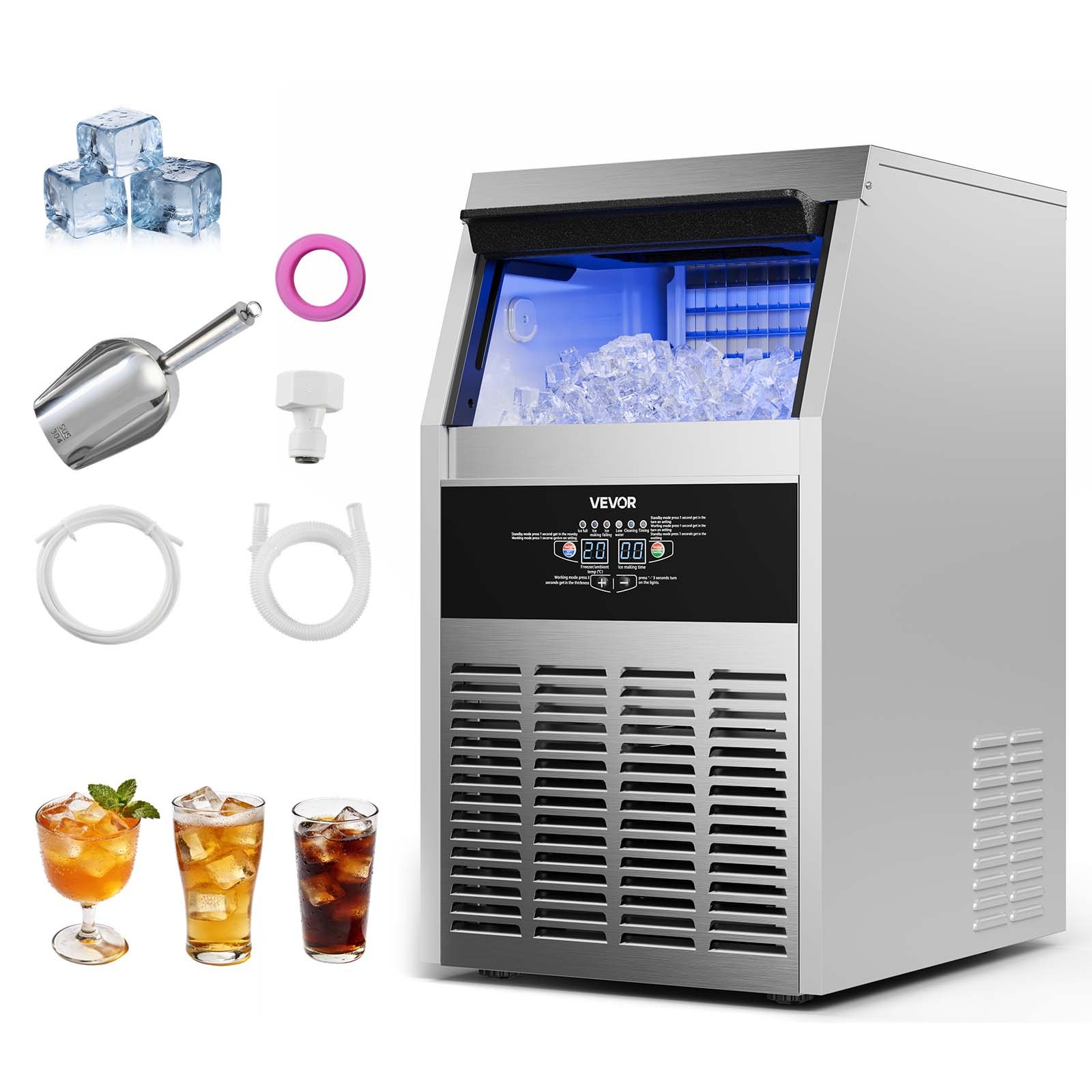 VEVOR Máquina para Fabricar Hielo 59 kg/24 h Almacenamiento de 7,3-14 kg, 50 Cubitos por Ciclo, de Acero Inoxidable, Independiente y Bajo Encimera, con Pantalla LED y Autolimpieza, para Restaurante