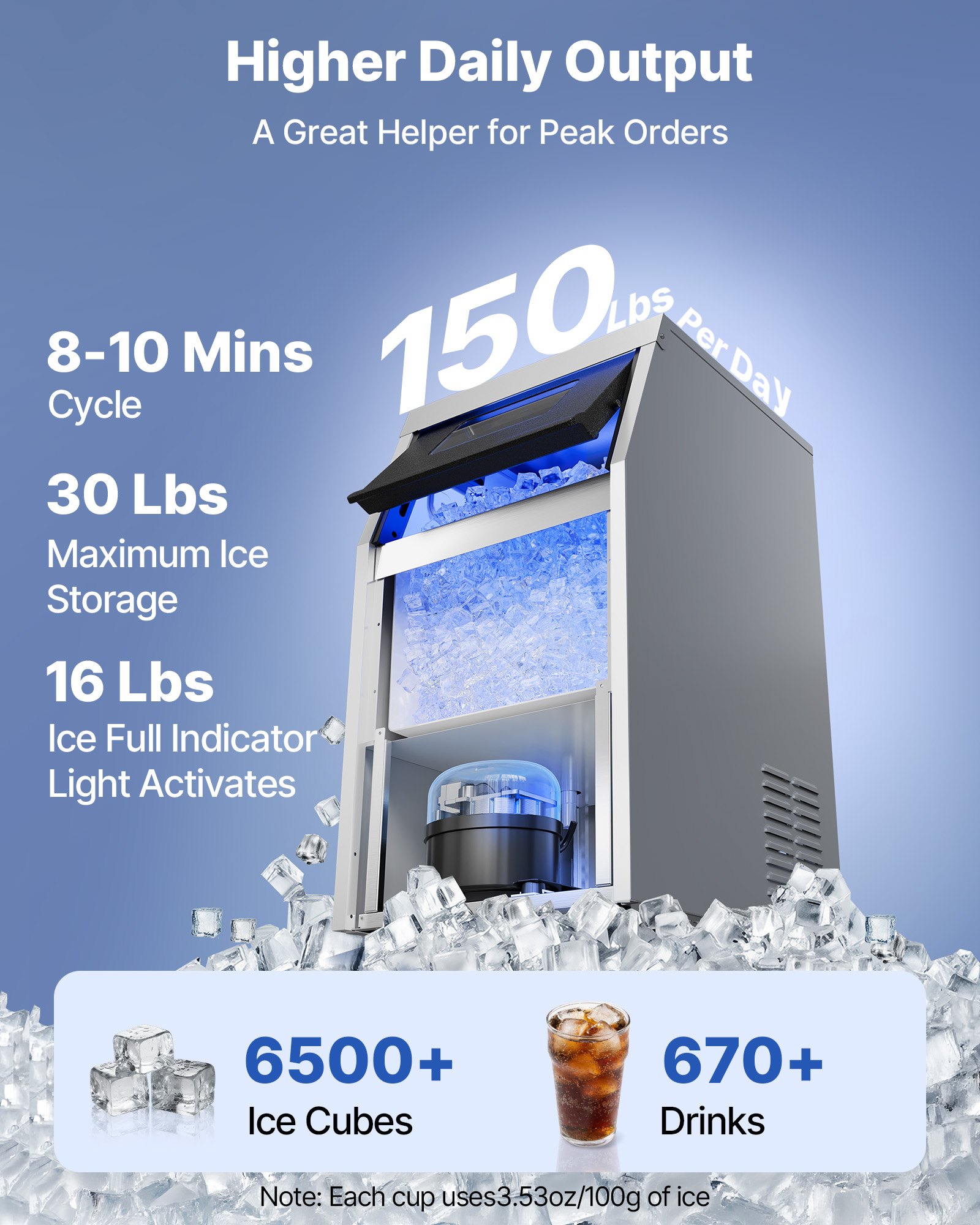 VEVOR Máquina para Fabricar Hielo 68 kg/24 h Almacenamiento 7,3-13,3kg, 50 Cubitos por Ciclo, de Acero Inoxidable, Independiente y Bajo Encimera, con Pantalla LED y Autolimpieza, para Bar, Restaurante
