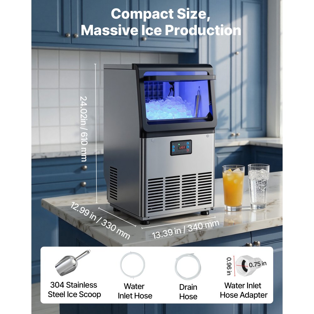 VEVOR Máquina para Fabricar Hielo 36 kg/24 h Almacenamiento de 6 kg, 32 Cubitos por Ciclo, de Acero Inoxidable, Independiente y Bajo Encimera, con Pantalla LED y Autolimpieza, para Bar, Restaurante