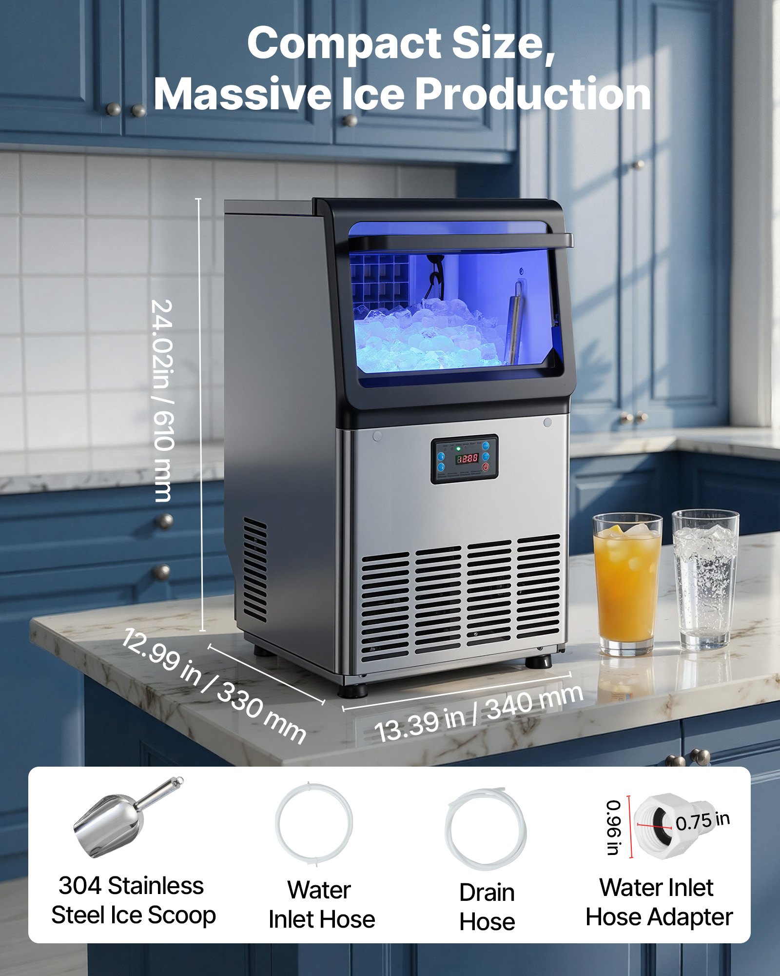VEVOR Máquina para Fabricar Hielo 36 kg/24 h Almacenamiento de 6 kg, 32 Cubitos por Ciclo, de Acero Inoxidable, Independiente y Bajo Encimera, con Pantalla LED y Autolimpieza, para Bar, Restaurante