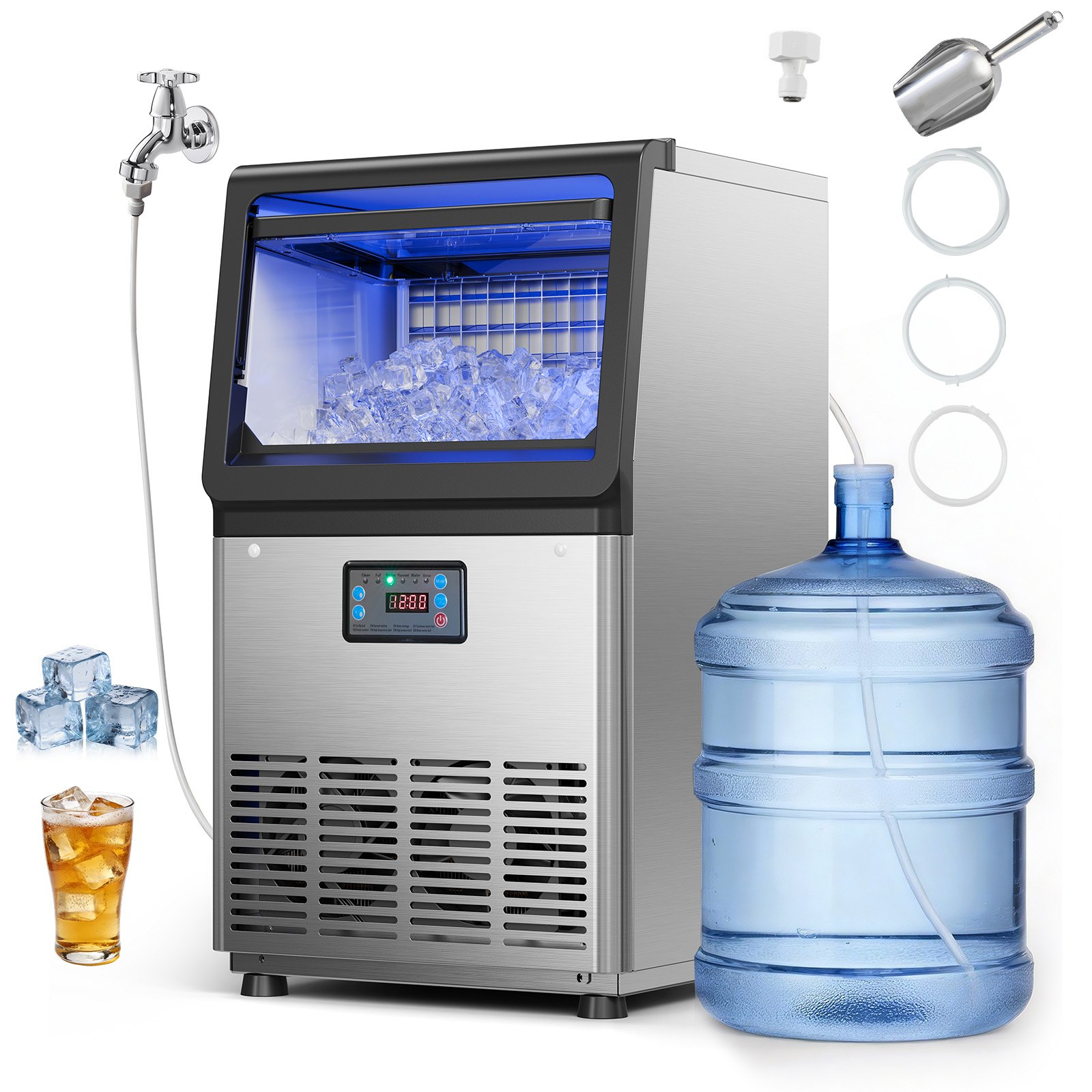 VEVOR Máquina para Fabricar Hielo 41 kg/24 h Almacenamiento de 6 kg, 32 Cubitos por Ciclo, de Acero Inoxidable, Independiente y Bajo Encimera, con Pantalla LED y Autolimpieza, para Bar, Restaurante