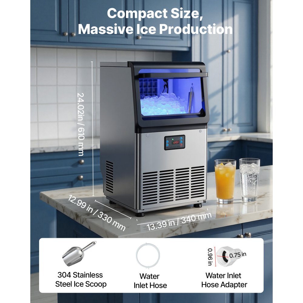 VEVOR Máquina para Fabricar Hielo 36 kg/24 h Almacenamiento de 3-6 kg, 32 Cubitos por Ciclo, De Acero Inoxidable, Independiente y Bajo Encimera, Con Pantalla LED y Autolimpieza, Para Restaurante