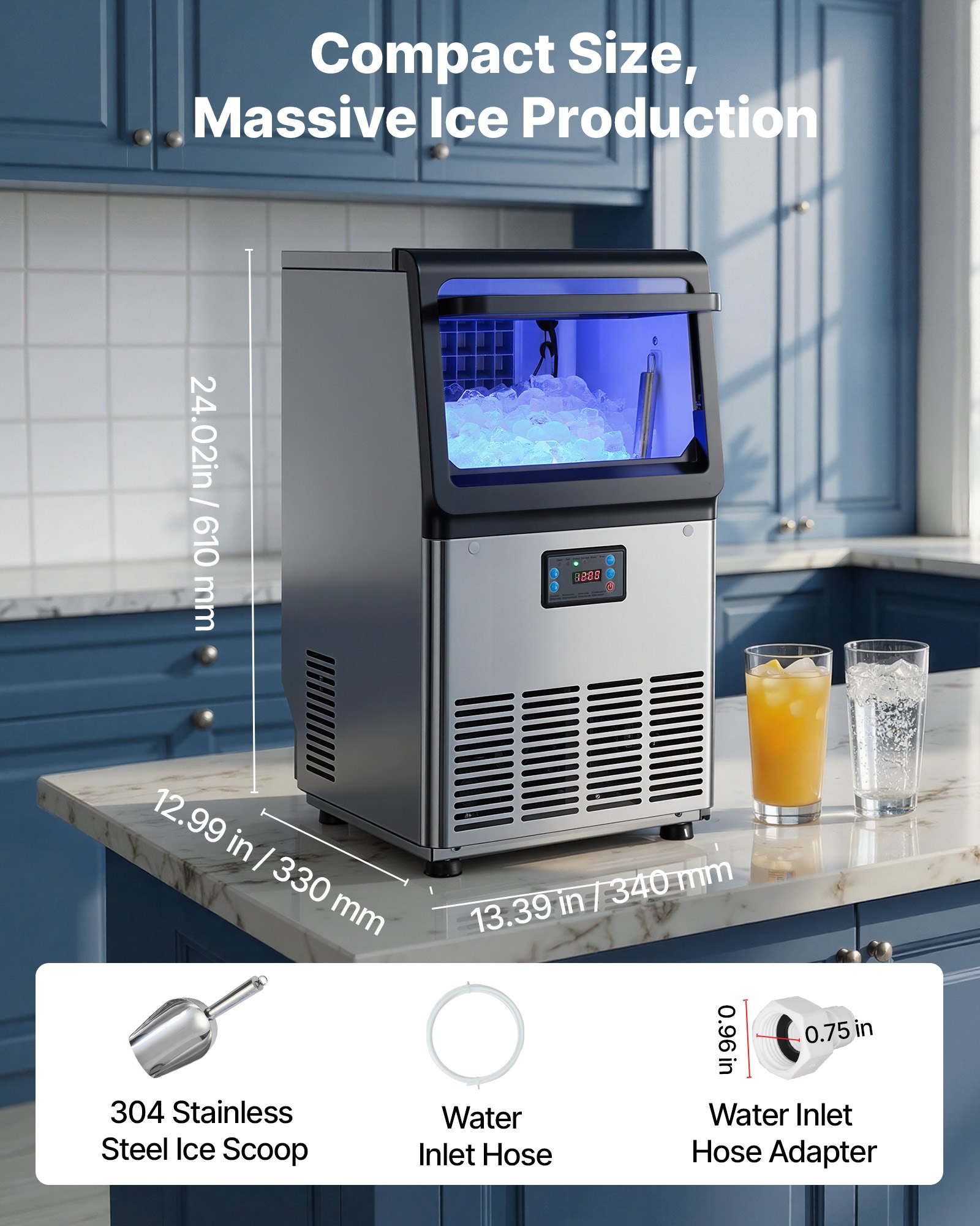 VEVOR Máquina para Fabricar Hielo 36 kg/24 h Almacenamiento de 3-6 kg, 32 Cubitos por Ciclo, De Acero Inoxidable, Independiente y Bajo Encimera, Con Pantalla LED y Autolimpieza, Para Restaurante