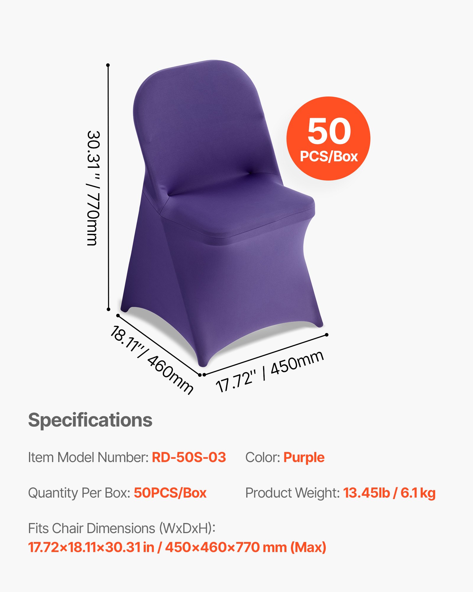 VEVOR Fundas Sillas de Comedor 50 Piezas, Funda para Sillones Elástica de Poliéster y Elastano, para Sillas de Hasta 45 x 46 x 77 cm, Tela Suave y Transpirable, para Boda, Fiestas, Banquetes, Púrpura