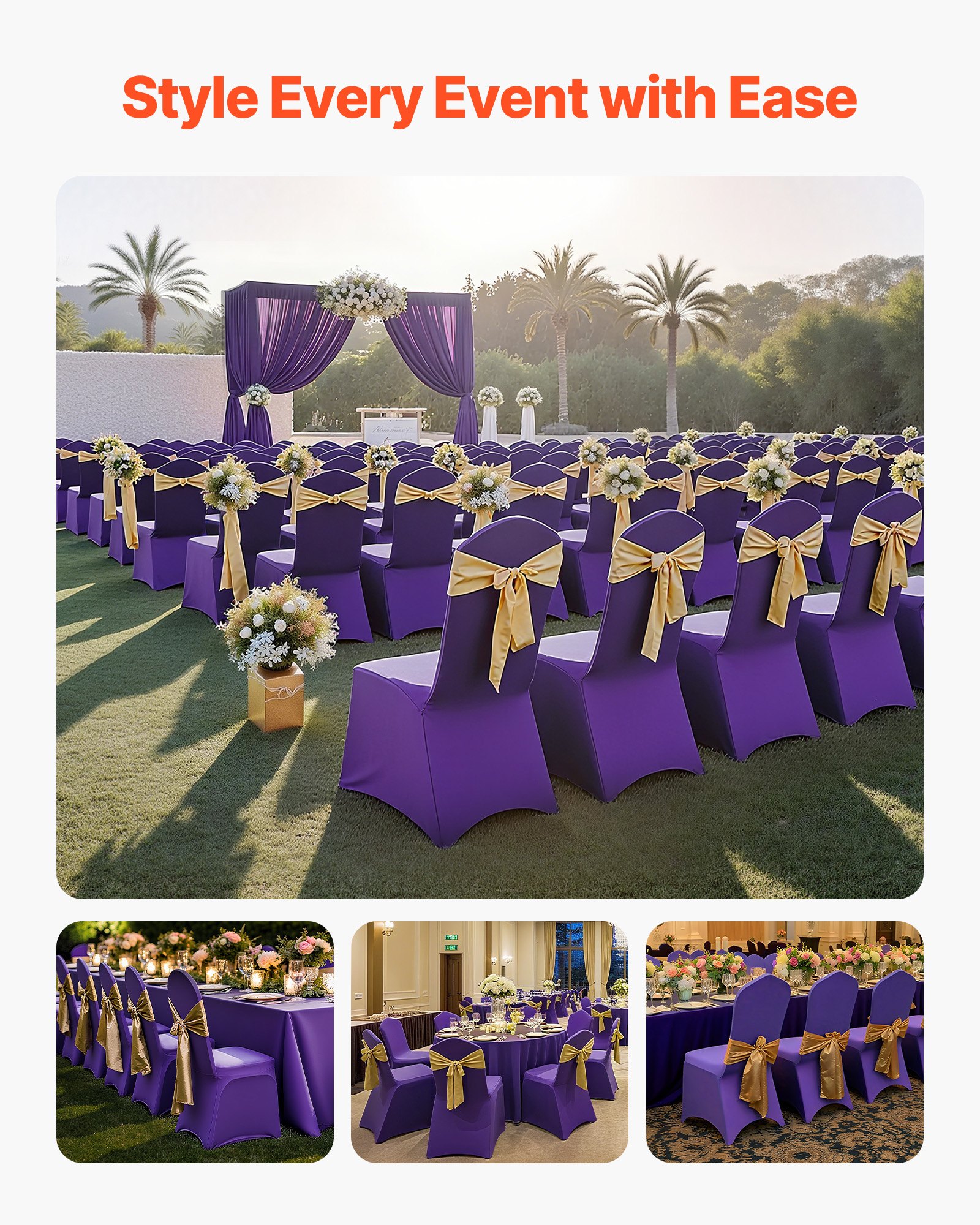 VEVOR Fundas Sillas de Comedor 50 Piezas, Funda para Sillones Elástica de Poliéster y Elastano, para Sillas de Hasta 51 x 45 x 95 cm, Tela Suave y Transpirable, para Boda, Fiestas, Banquetes, Púrpura