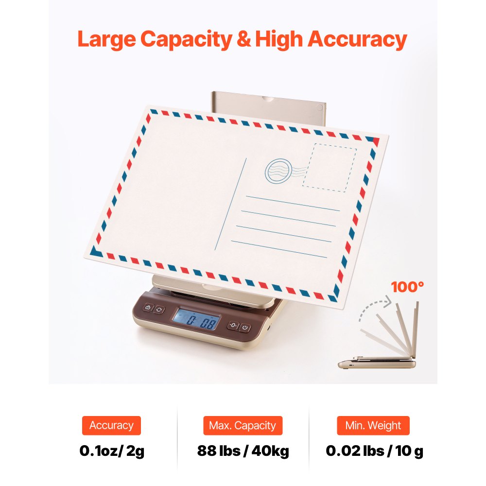 VEVOR Báscula Postal Digital Portátil de 40 kg, Alta Precisión de 2 g, ABS, con Función de Retención de Tara, Apagado Automático, Calibración, Soporte Plegable, para Envíos de Cartas y Paquetes