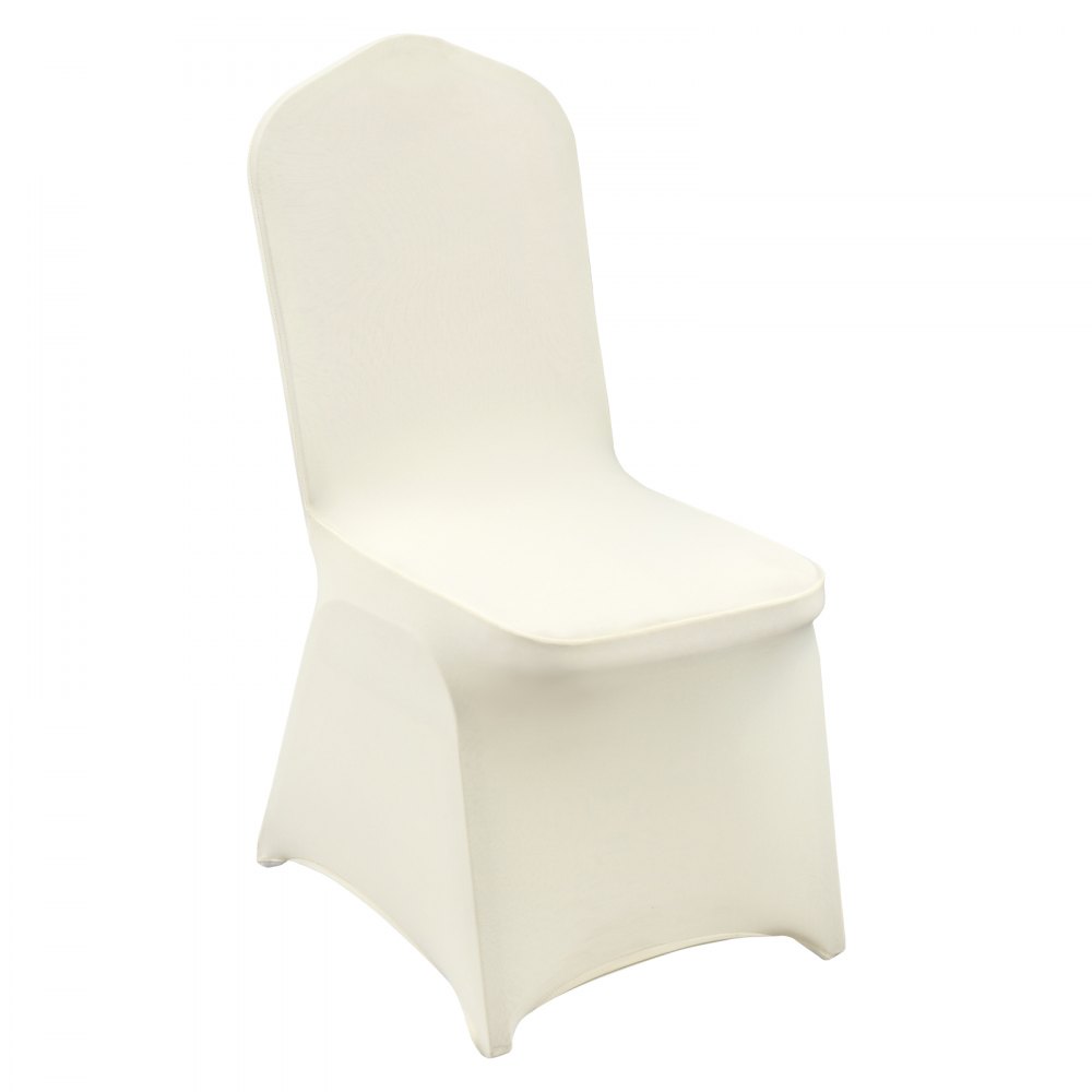 Silla blanca con funda de spandex elástica VEVOR ajustada cómodamente sobre ella. Diseño simple y elegante.
