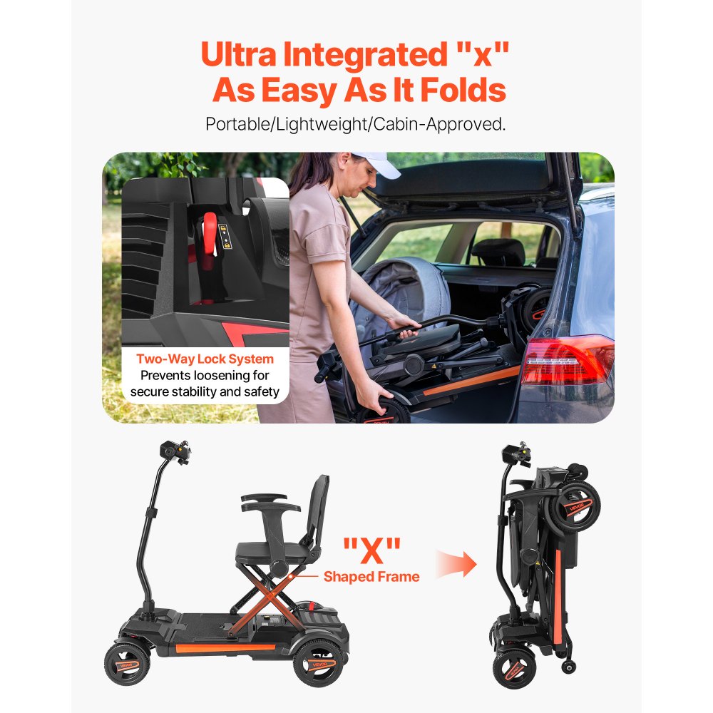 VEVOR Patinete Eléctrico de Movilidad 4 Ruedas para Adultos y Personas Mayores, Plegable e Integrado con Autonomía 15 km, Capacidad de Ascenso 9° y Carga 120 kg, 970 x (570-640) x (810-950) mm