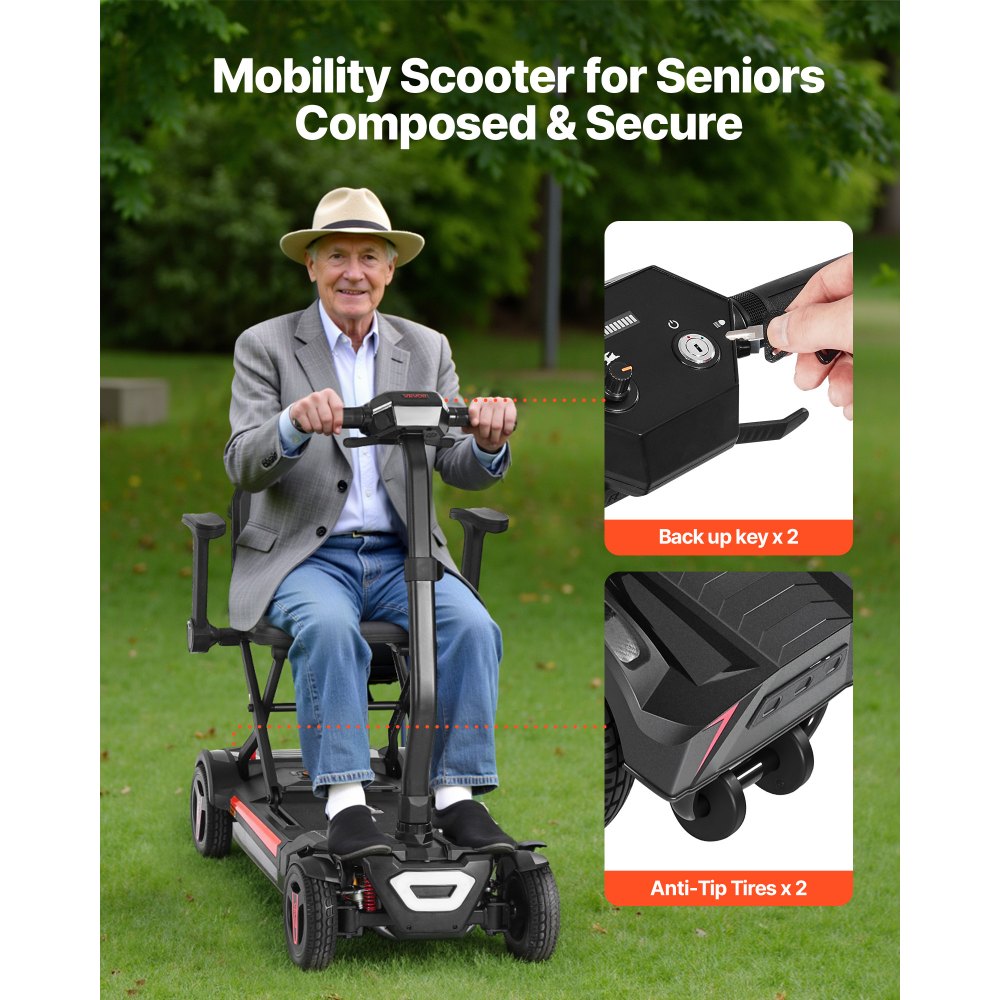 VEVOR Patinete Eléctrico de Movilidad 4 Ruedas para Adultos y Personas Mayores, Plegable e Integrado con Autonomía 15 km, Capacidad de Ascenso 9° y Carga 120 kg, 970 x (570-640) x (810-950) mm