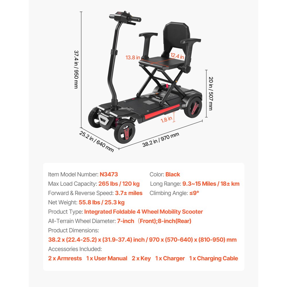 VEVOR Patinete Eléctrico de Movilidad 4 Ruedas para Adultos y Personas Mayores, Plegable e Integrado con Autonomía 15 km, Capacidad de Ascenso 9° y Carga 120 kg, 970 x (570-640) x (810-950) mm