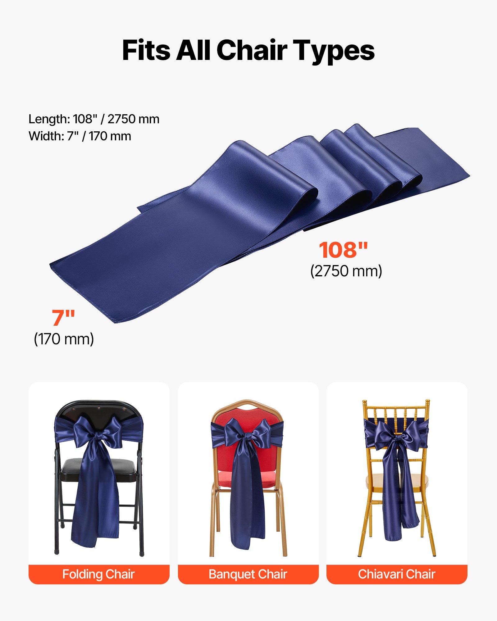 VEVOR Satin Chair Sashes Bows, 50PCS Chair Ribbon Ties Back Sash, 7 x 108 inch, Navy Blue Wedding Reception Decoration, for Wedding Ceremony Baby Shower Party Events Banquet Chair Cover Decoration