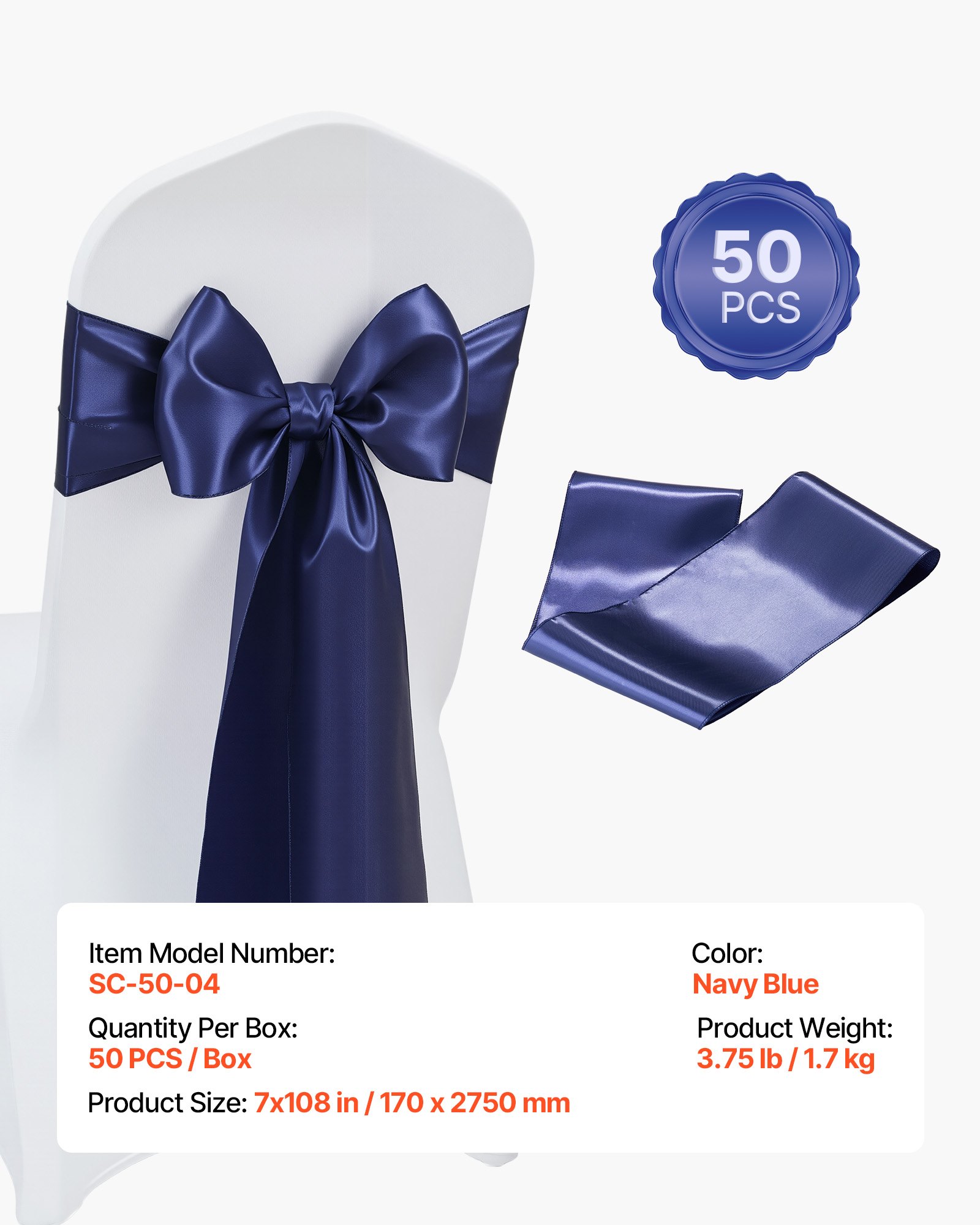 VEVOR Satin Chair Sashes Bows, 50PCS Chair Ribbon Ties Back Sash, 7 x 108 inch, Navy Blue Wedding Reception Decoration, for Wedding Ceremony Baby Shower Party Events Banquet Chair Cover Decoration