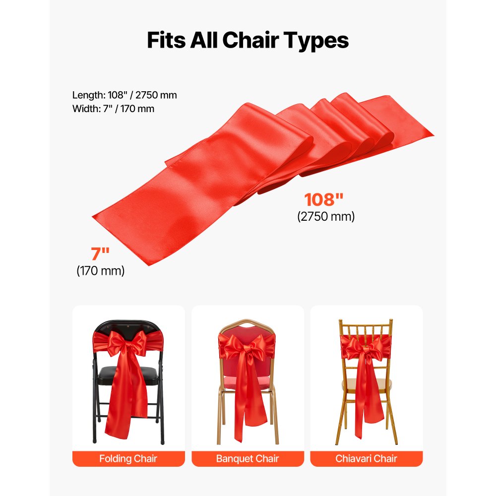 VEVOR Satin Chair Sashes Bows, 100PCS Chair Ribbon Ties Back Sash, 7 x 108 inch, Red Wedding Reception Decoration, for Wedding Ceremony Baby Shower Party Events Banquet Chair Cover Decoration