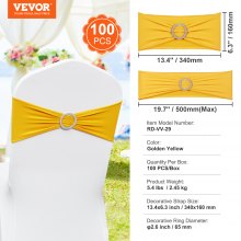 VEVOR 100 Unidades, Amarillo Dorado, Fajas Elásticas de Licra para Silla, Funda para Silla y Banda Elástica para Silla con Hebilla Redonda, Bandas Elásticas para Silla, Decoración para Bodas, Fiestas
