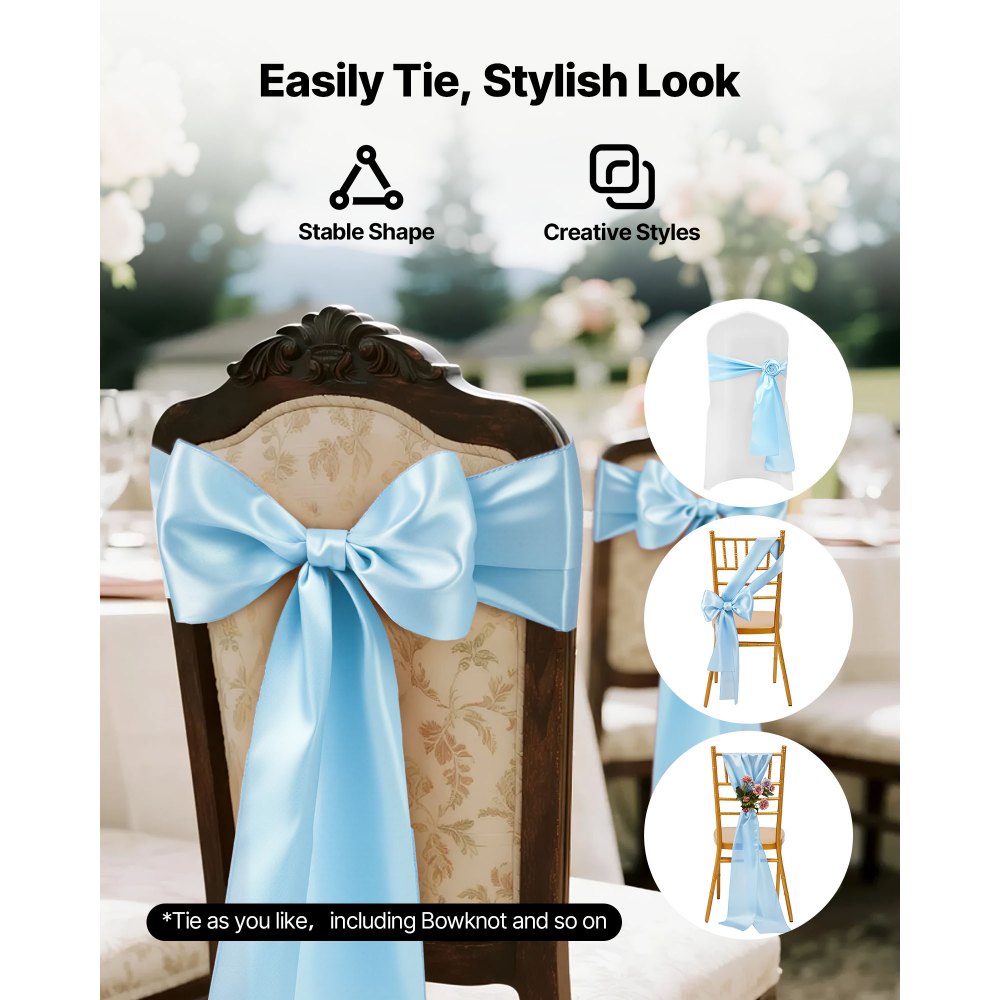 VEVOR Satin Chair Sashes Bows, 100PCS Chair Ribbon Ties Back Sash, 7 x 108 inch, Light Blue Wedding Reception Decoration, for Wedding Ceremony Baby Shower Party Events Banquet Chair Cover Decoration