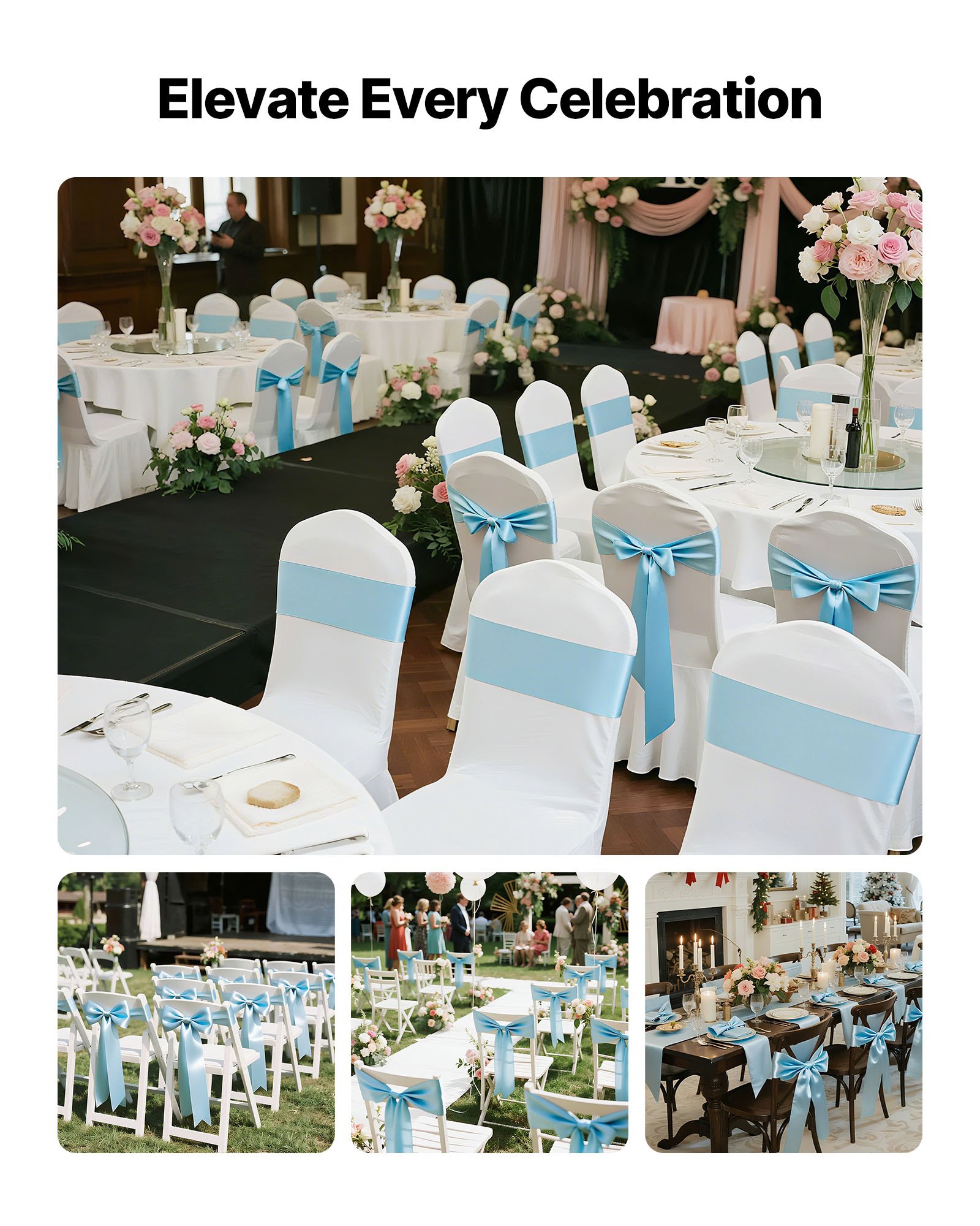 VEVOR Satin Chair Sashes Bows, 100PCS Chair Ribbon Ties Back Sash, 7 x 108 inch, Light Blue Wedding Reception Decoration, for Wedding Ceremony Baby Shower Party Events Banquet Chair Cover Decoration