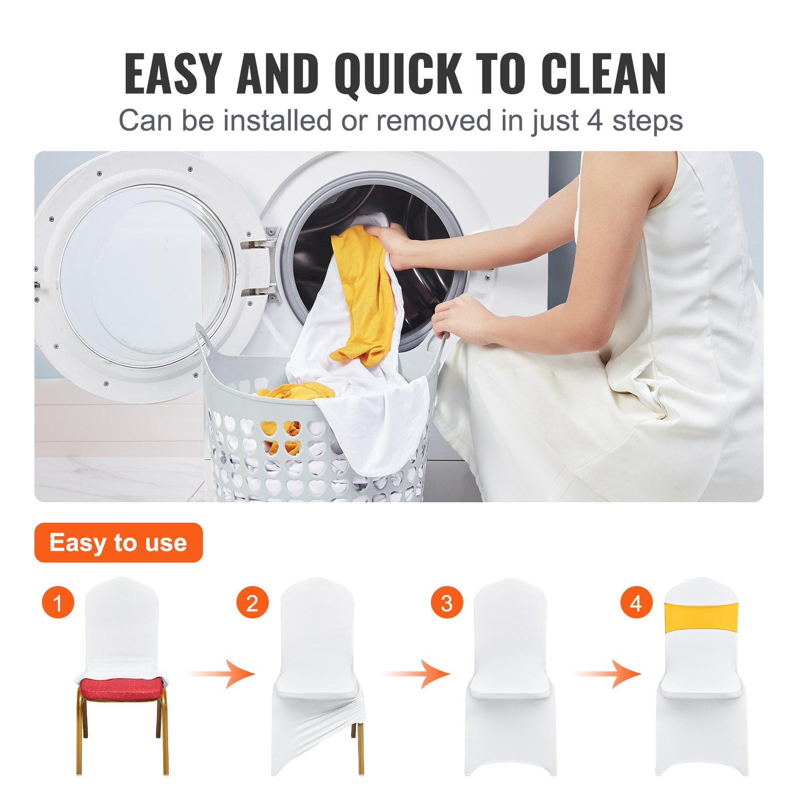 VEVOR Fundas para Sillas Plegables de Elastano Elástico, Fundas para Sillas Universales con Fajas para Sillas, Fundas Protectoras Lavables Extraíbles, para Bodas, Fiestas(50 Juegos Dorado y Blanco)