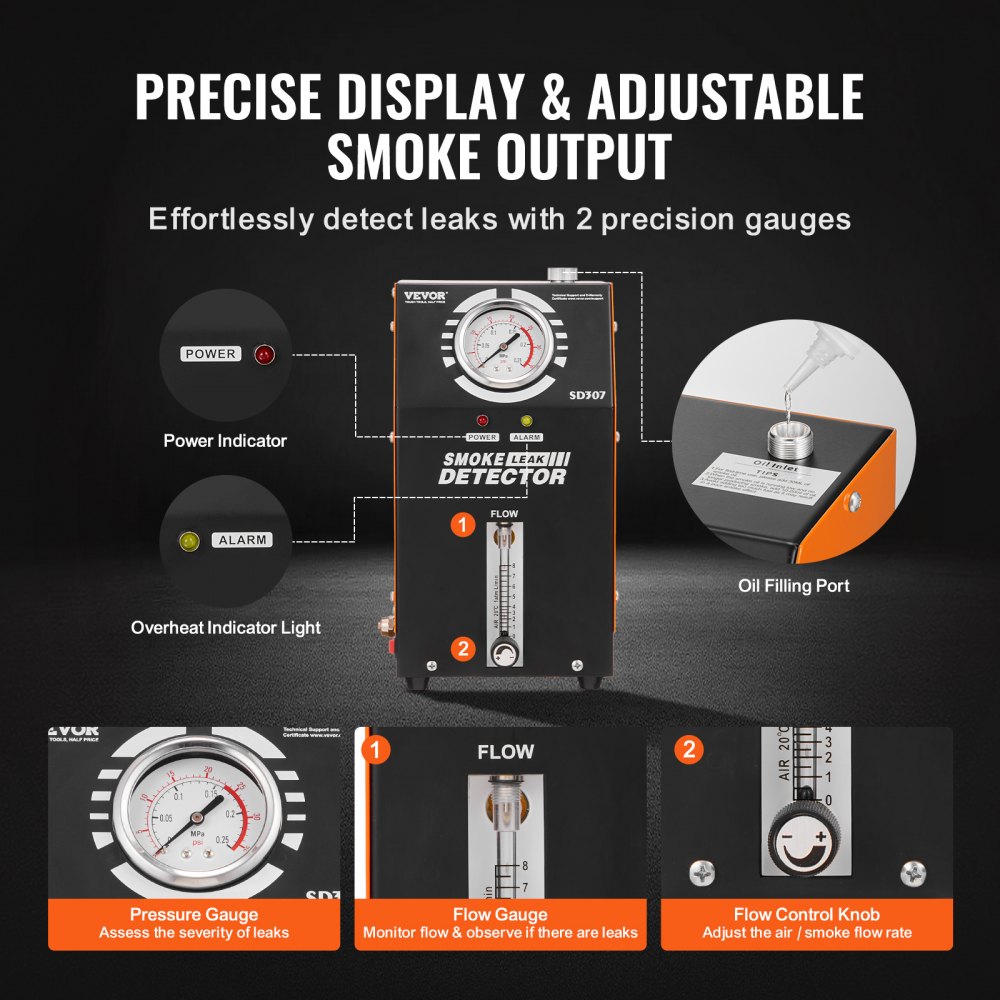 Detector de fugas de humo para automóviles VEVOR, comprobador de fugas de combustible al vacío EVAP con bomba de aire incorporada, manómetro y caudalímetro, detector de diagnóstico de combustible con tubo de vacío de 2 modos para automóviles, camiones y barcos de 12 V