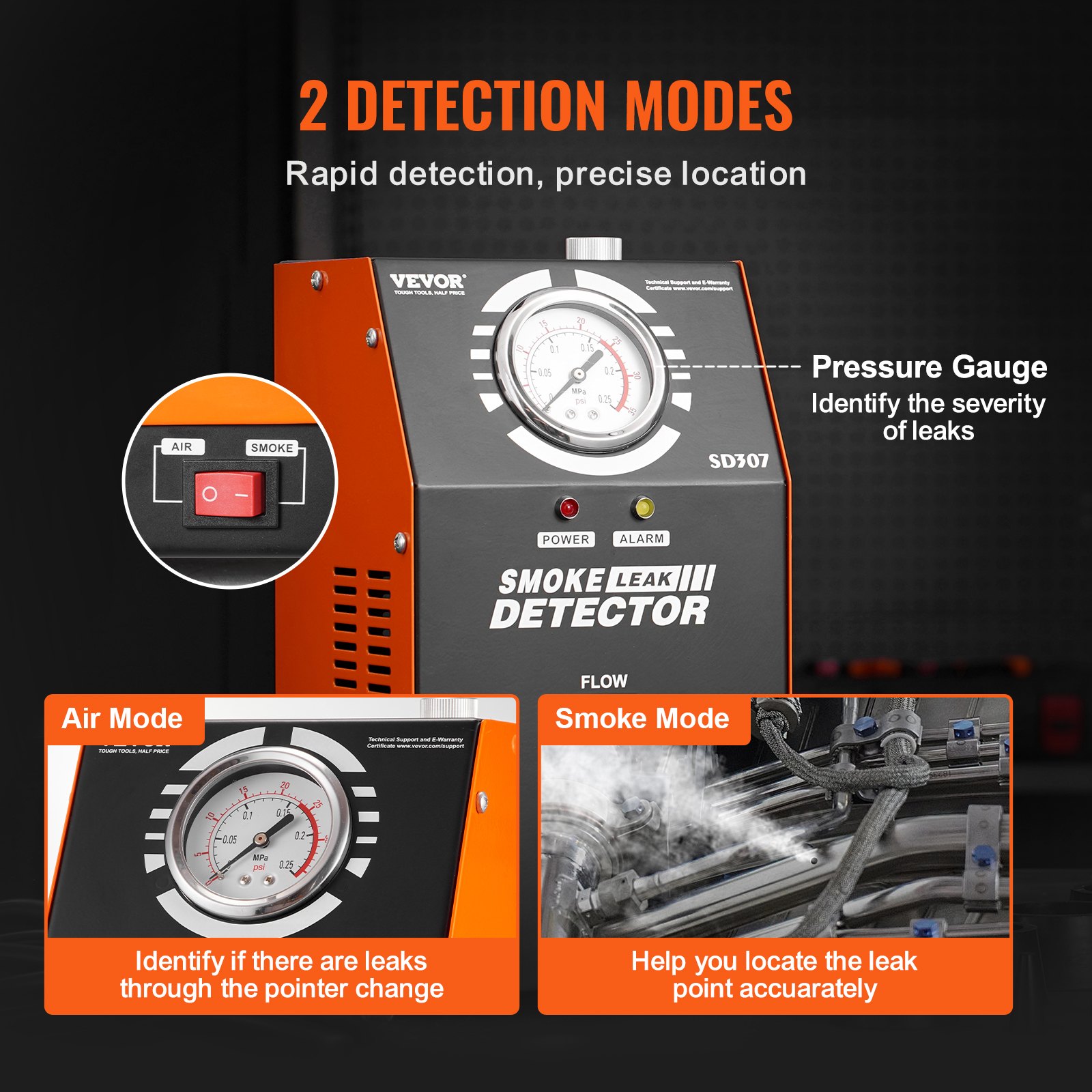 Detector de fugas de humo para automóviles VEVOR, comprobador de fugas de combustible al vacío EVAP con bomba de aire incorporada, manómetro y caudalímetro, detector de diagnóstico de combustible con tubo de vacío de 2 modos para automóviles, camiones y barcos de 12 V