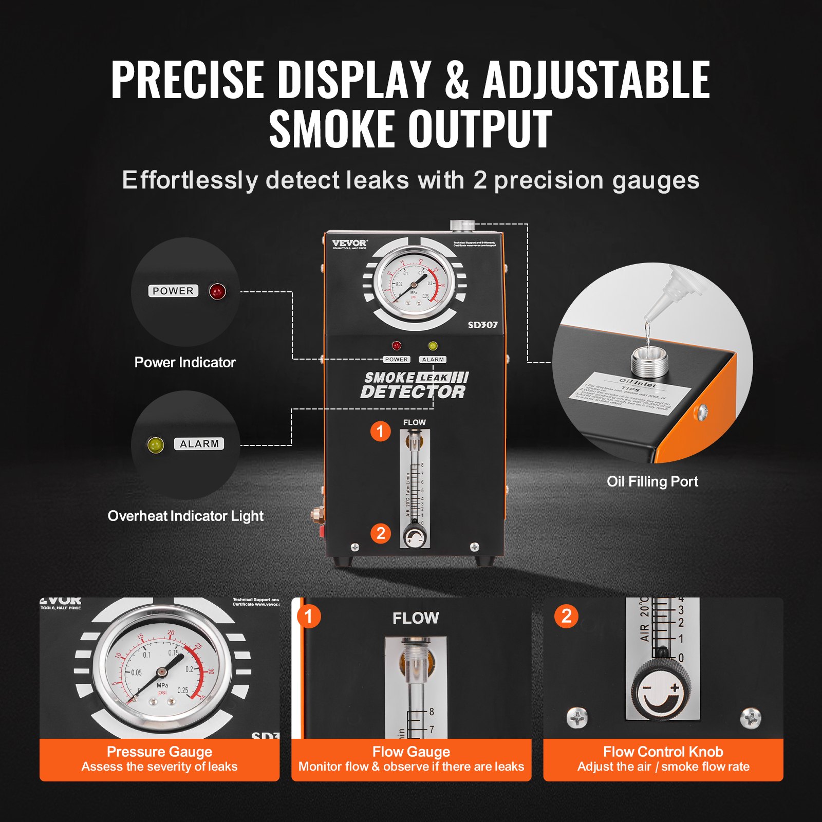 Detector de fugas de humo para automóviles VEVOR, comprobador de fugas de combustible al vacío EVAP con bomba de aire incorporada, manómetro y caudalímetro, detector de diagnóstico de combustible con tubo de vacío de 2 modos para automóviles, camiones y barcos de 12 V