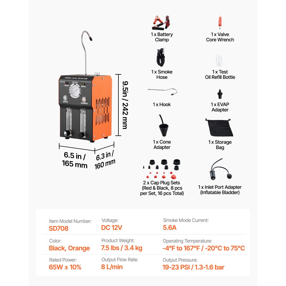 VEVOR Máquina de Fugas de Humo 12V CC, Detector de Fugas de Humo Automotriz Probador de Vacío EVAP, con Bomba de Aire, Presión de Salida 19-23 PSI, Diagnóstico de Tuberías de Combustible para Coches