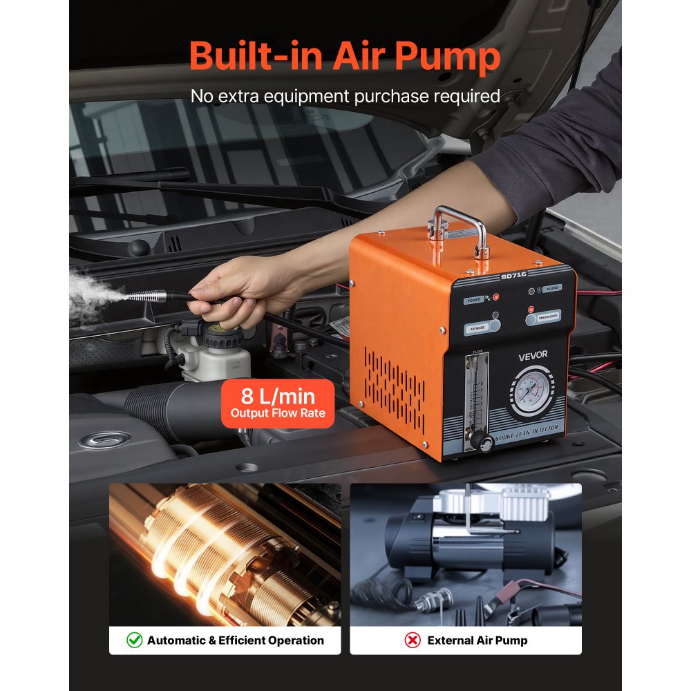 VEVOR Máquina de Fugas de Humo 12 V CC, Detector de Fugas de Humo Automotriz Probador de Vacío EVAP, con Bomba de Aire, Manómetro y Caudalímetro Incorporados, Modo Dual para Coches, Motos, Barcos