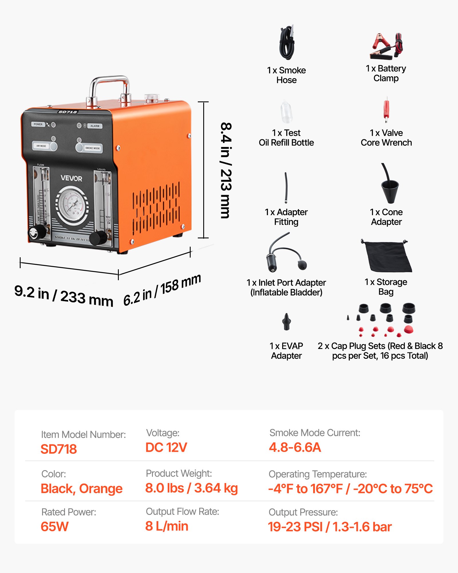 VEVOR Máquina de Fugas de Humo 12V CC, Detector de Fugas de Humo Automotriz Probador de Vacío EVAP, con Bomba de Aire, Manómetro, Medidor de Flujo, Indicador de Nivel de Aceite para Coches, Barcos