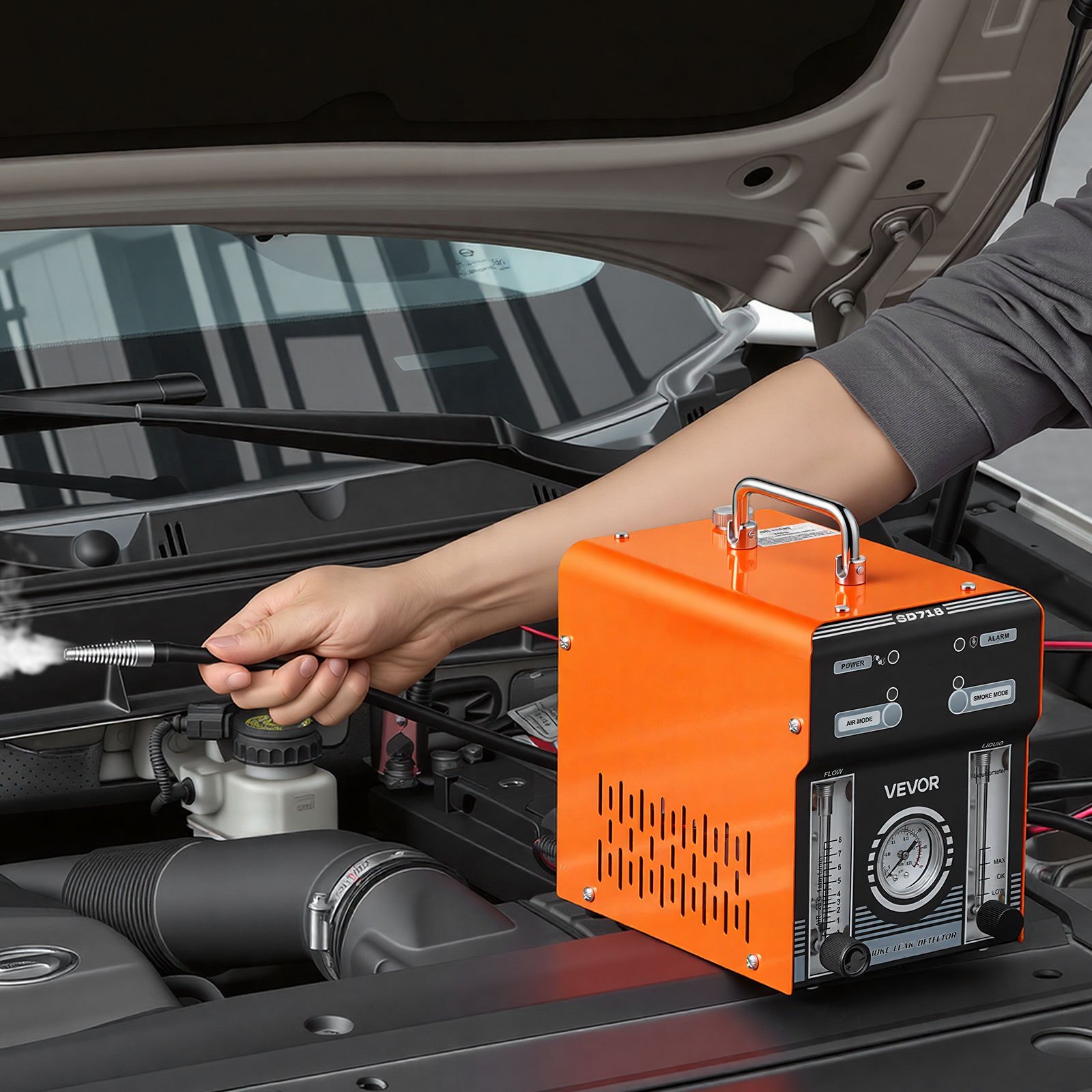 VEVOR Máquina de Fugas de Humo 12V CC, Detector de Fugas de Humo Automotriz Probador de Vacío EVAP, con Bomba de Aire, Manómetro, Medidor de Flujo, Indicador de Nivel de Aceite para Coches, Barcos