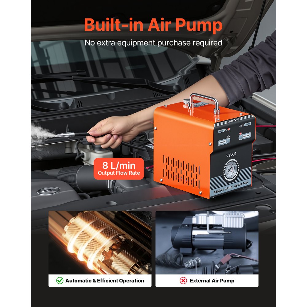 VEVOR Detector de Fugas Máquina de Humo Automotriz 12 V CC de Modo Dual, Probador de Vacío EVAP, Con Bomba de Aire y Manómetro, Para Automóviles, Motocicletas, Camiones, Vehículos de Todo Terreno