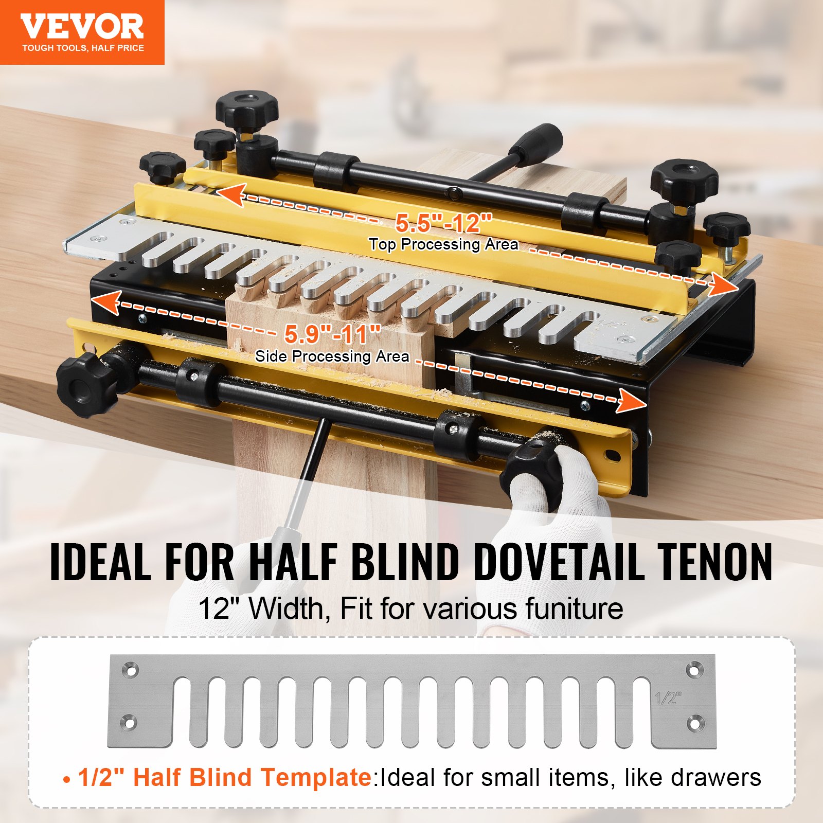 VEVOR Plantilla de Cola de Milano Ancho de 31 cm, Máquina de Colas de Milano Broca de 1/2, Plantilla de Mortaja y Espiga, Herramienta de Carpintería para Fabricación de Muebles y Gabinetes de Madera