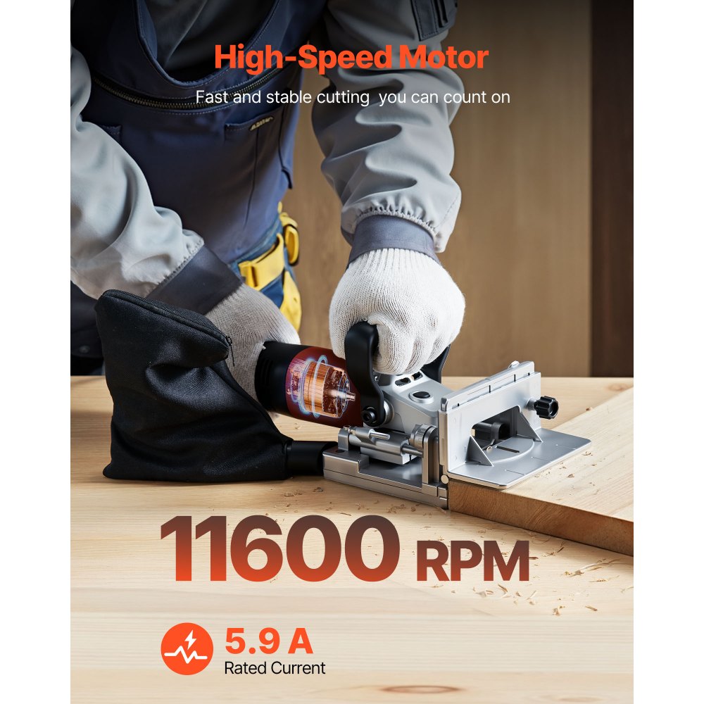 VEVOR Biscuit Plate Joiner, 5.9A, Plate Joiner Tool Kit with 11,600 RPM 760W Motor, 45-Degree Locating Notch, Carbide Tipped Blade, Wood Biscuits, Dust Bag, Adjustable Angle & Depth, for Woodworking