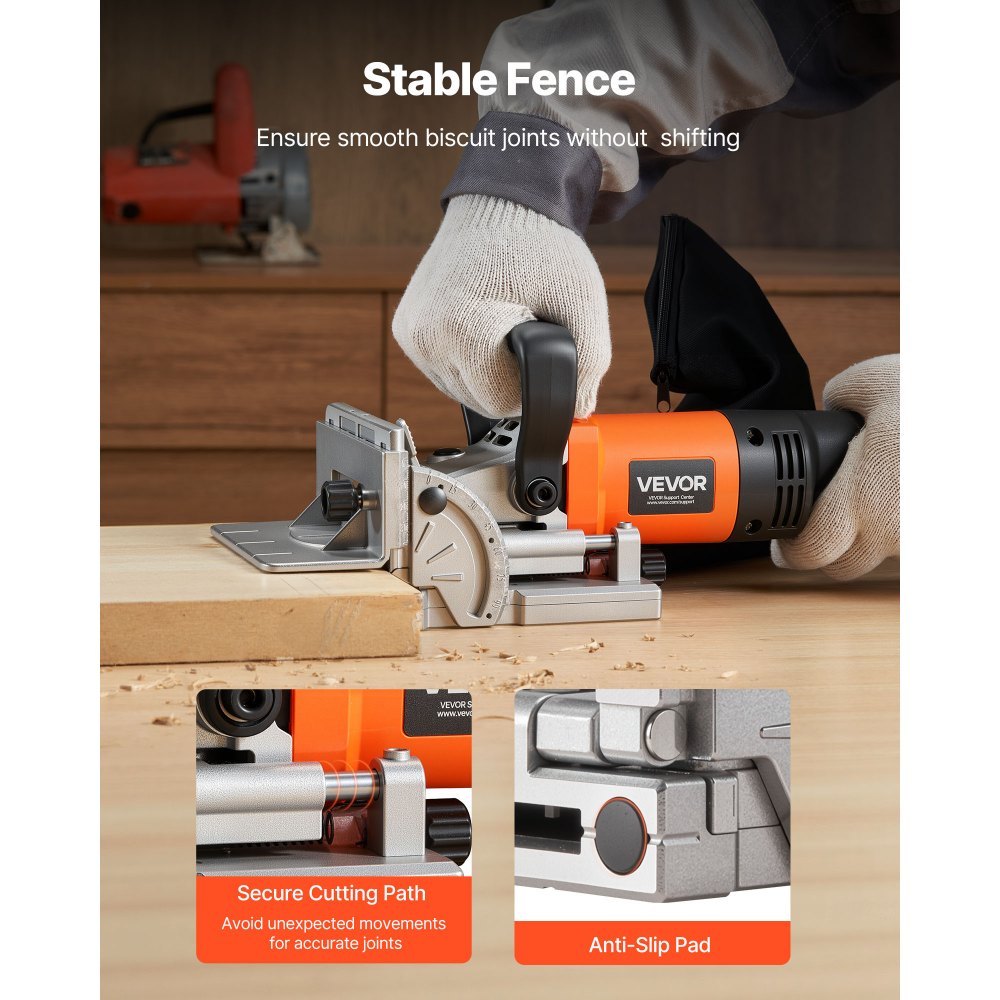 VEVOR Biscuit Plate Joiner, 5.9A, Plate Joiner Tool Kit with 11,600 RPM 760W Motor, 45-Degree Locating Notch, Carbide Tipped Blade, Wood Biscuits, Dust Bag, Adjustable Angle & Depth, for Woodworking