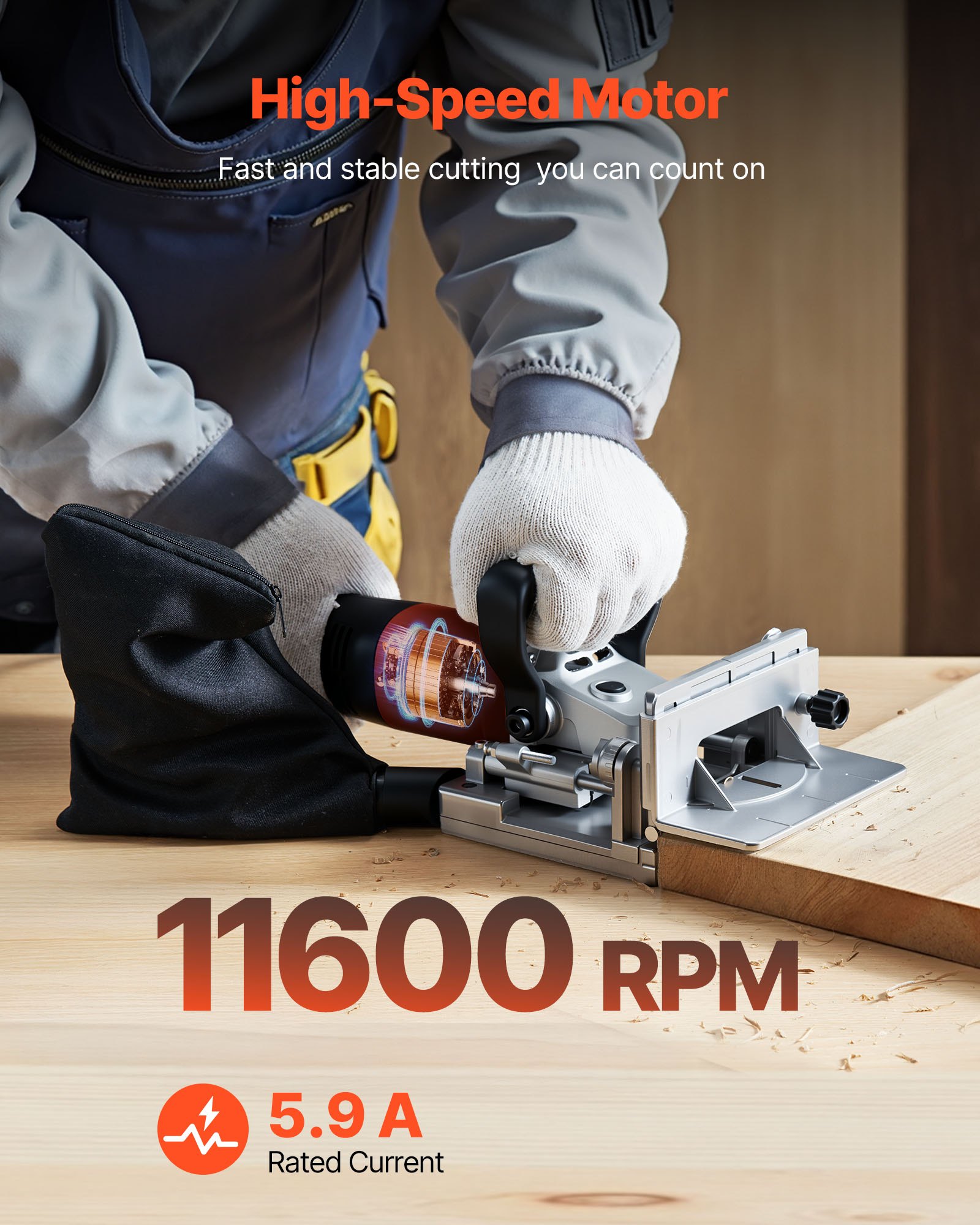 VEVOR Biscuit Plate Joiner, 5.9A, Plate Joiner Tool Kit with 11,600 RPM 760W Motor, 45-Degree Locating Notch, Carbide Tipped Blade, Wood Biscuits, Dust Bag, Adjustable Angle & Depth, for Woodworking