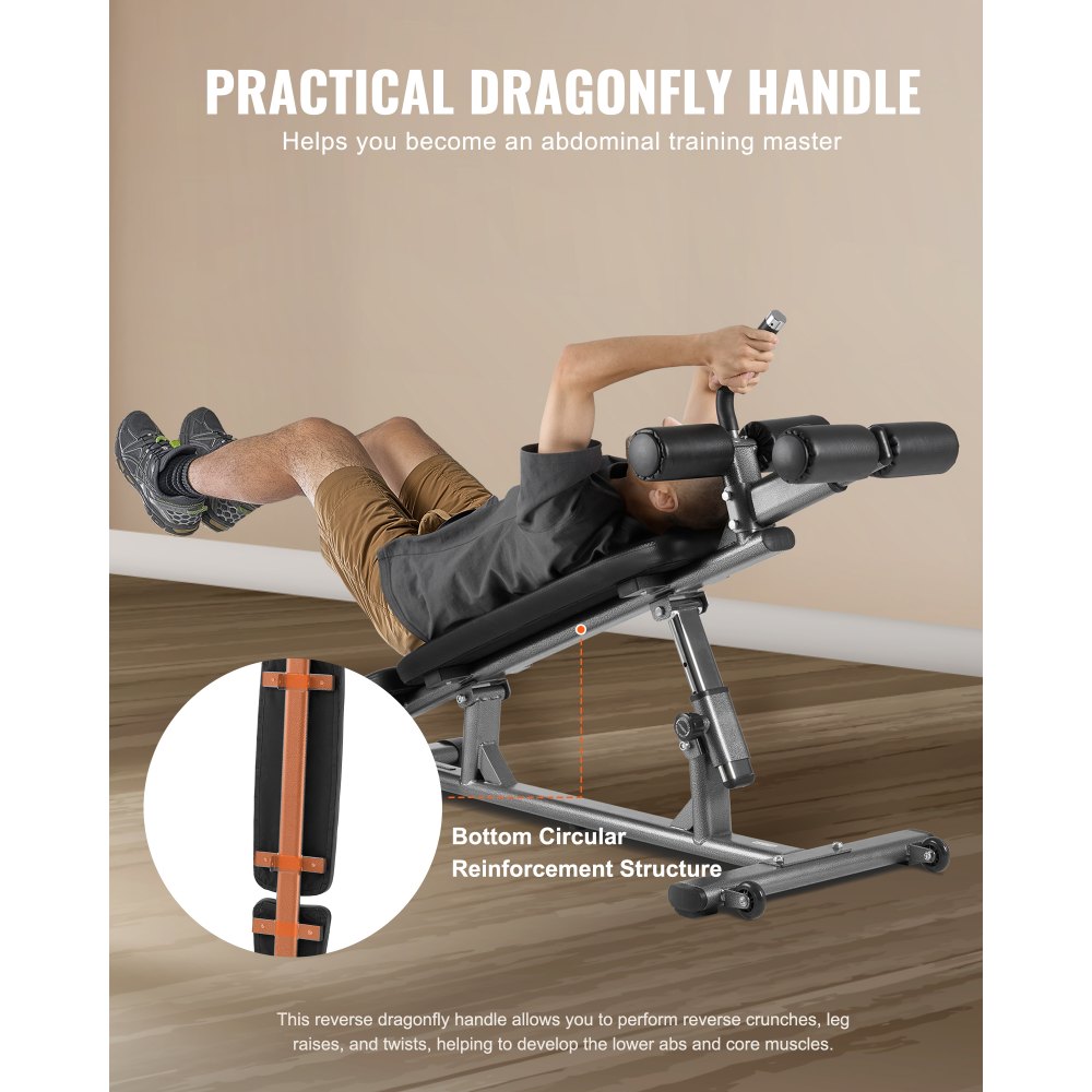 VEVOR Banco de Abdominales con Altura Ajustable en 4 Niveles, 1630 x 620 x 1055 cm, Capacidad de Carga de 454 kg, Ideal para Entrenamiento de Fuerza y Muscular de Cuerpo Completo, Negro y Gris
