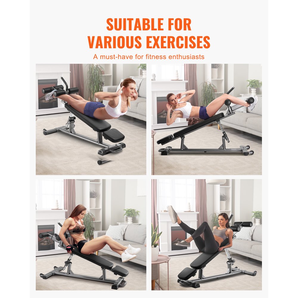 VEVOR Banco de Abdominales con Altura Ajustable en 4 Niveles, 1630 x 620 x 1055 cm, Capacidad de Carga de 454 kg, Ideal para Entrenamiento de Fuerza y Muscular de Cuerpo Completo, Negro y Gris