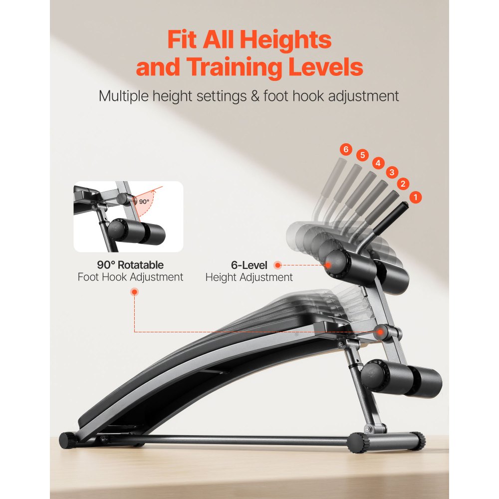 VEVOR Banco Curvo para Abdominales, Altura Ajustable en 6 Niveles 132 x 42 x 85 cm, Capacidad de Carga 272 kg, para Entrenamiento en Casa, Gimnasio, Entrenamiento de Fuerza y Muscular Completo