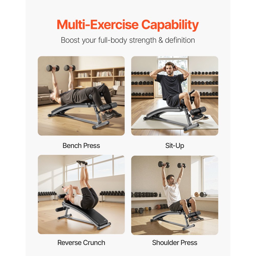 VEVOR Banco Curvo para Abdominales, Altura Ajustable en 6 Niveles 132 x 42 x 85 cm, Capacidad de Carga 272 kg, para Entrenamiento en Casa, Gimnasio, Entrenamiento de Fuerza y Muscular Completo