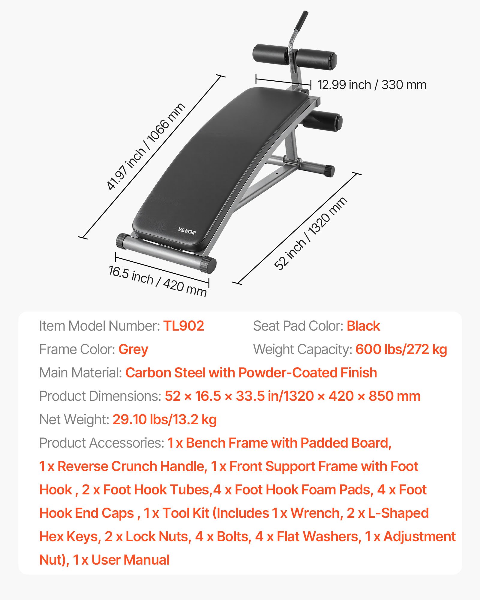 VEVOR Banco Curvo para Abdominales, Altura Ajustable en 6 Niveles 132 x 42 x 85 cm, Capacidad de Carga 272 kg, para Entrenamiento en Casa, Gimnasio, Entrenamiento de Fuerza y Muscular Completo