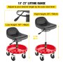 Taburete de garaje VEVOR con altura ajustable de 18 a 23 pulgadas, base roja y asiento negro.