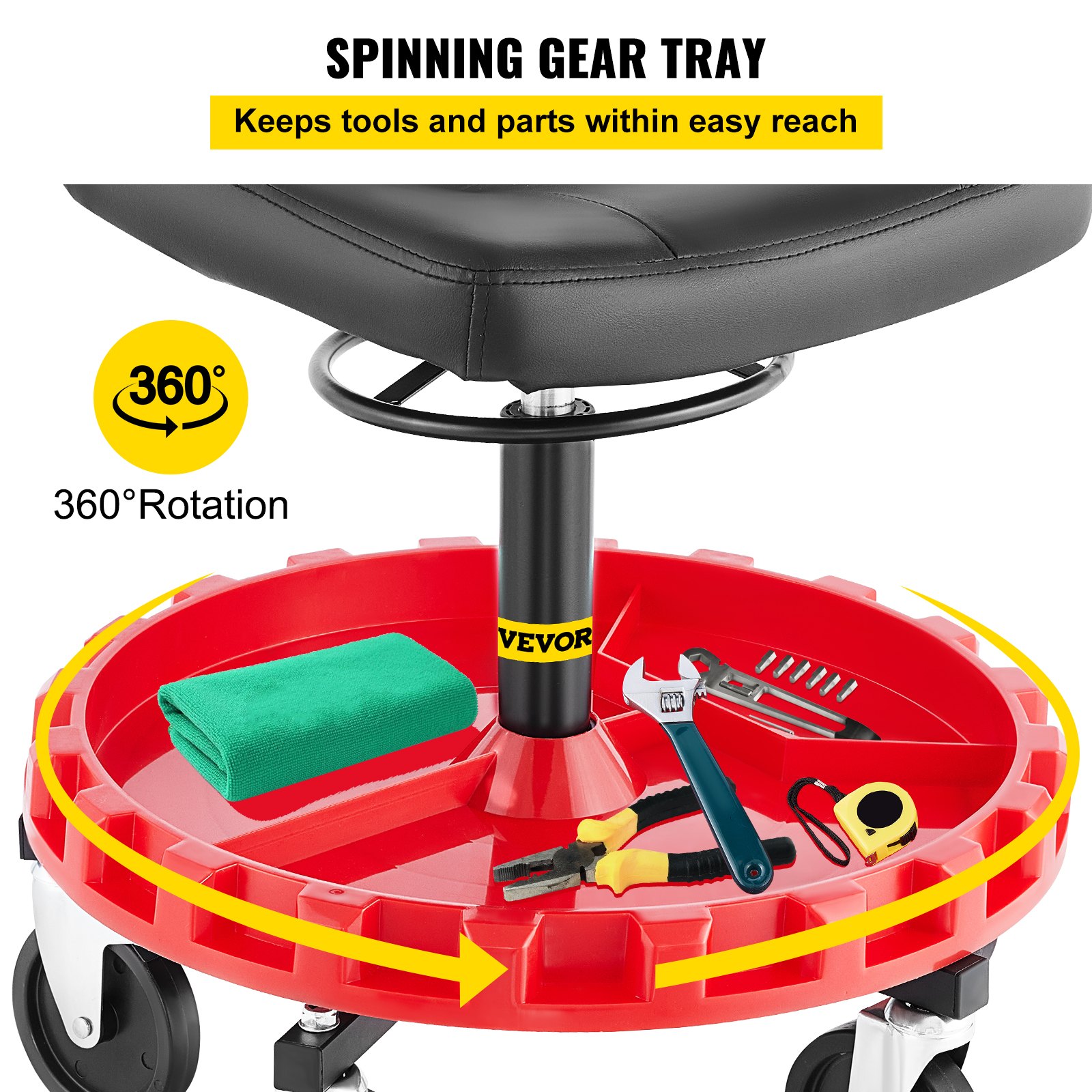 VEVOR Taburete con Ruedas para Garaje 300 lbs Asiento con Ruedas con Herramienta 41 cm x 36 cm Taburete Giratorio de Taller Asiento de la mecánica con el Almacenamiento Estilo Tractor